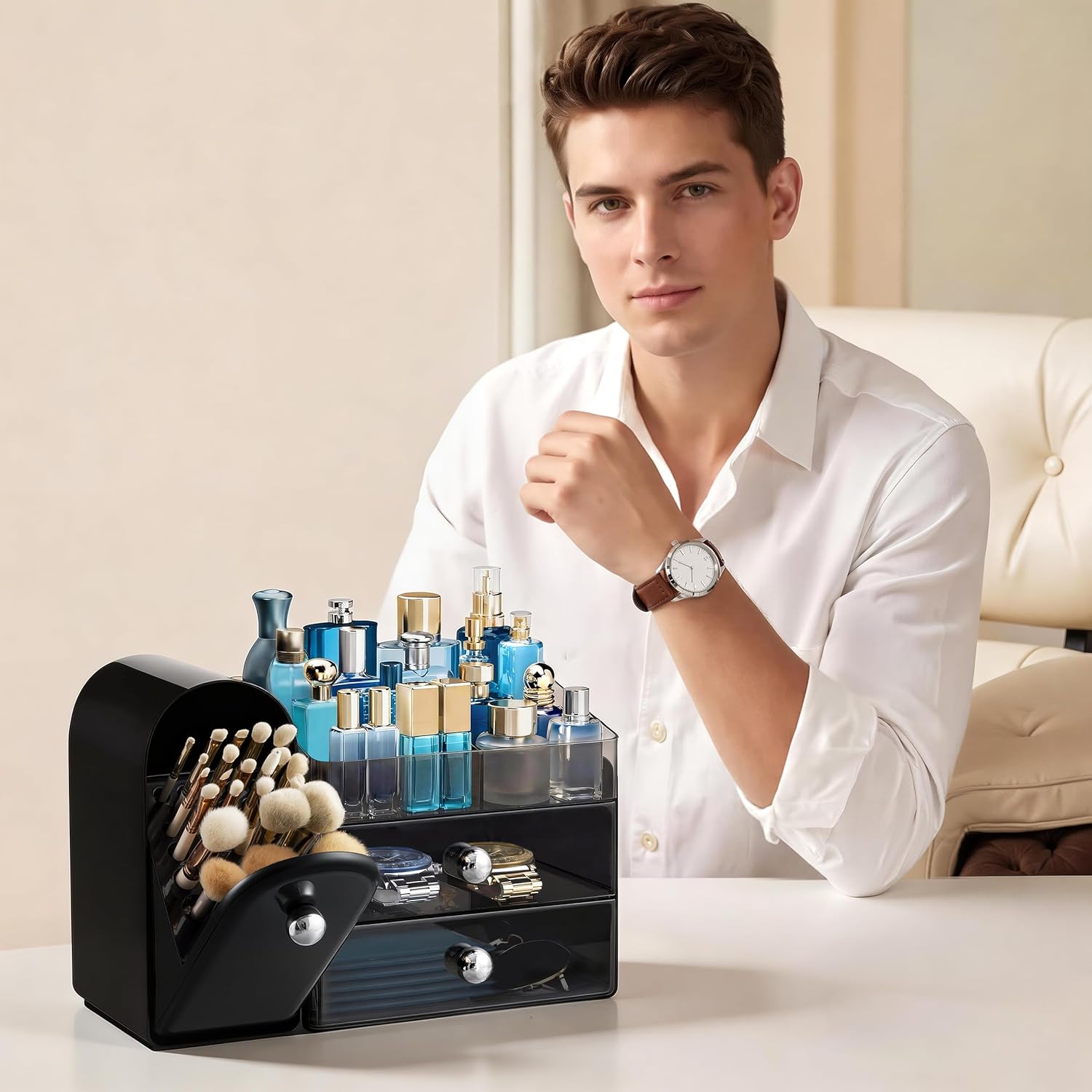 HBlife Makeup Organizer Countertop with Drawers, Vanity Organizers with Brush Holder, Bathroom Counter Organizer for Perfume, Nail Polishes, Lipsticks, Skincare and Eyeshadow Palettes