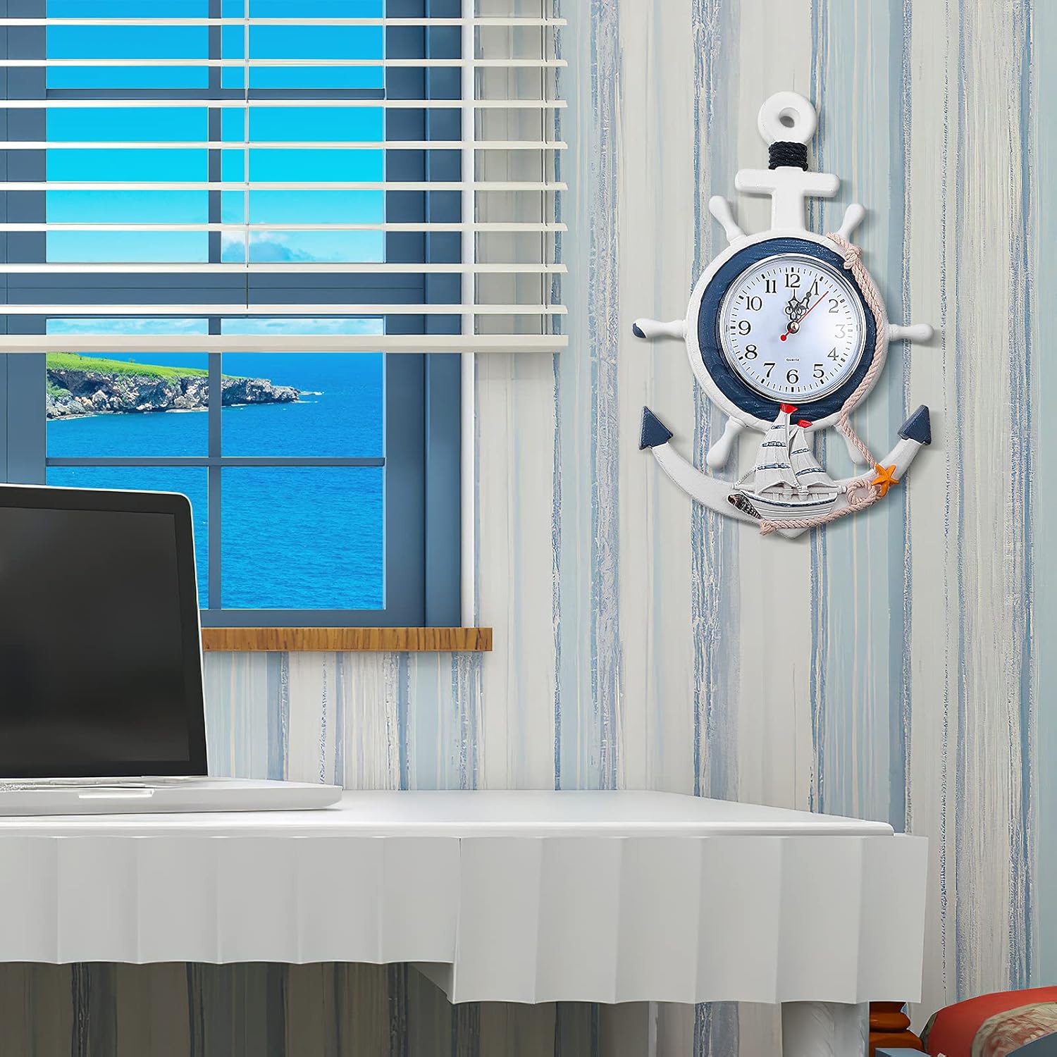 BESPORTBLE Nautical Wall Anchor Clock Beach Theme Ship Clock Coastal Wall Art Decoration Mediterranean Style Home Ornament for Indoor Outdoor Bedroom, Patio, Living Room, Garden, Bathroom