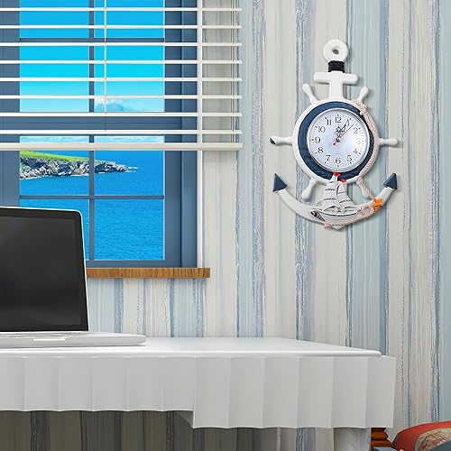 Miniatura 5 de BESPORTBLE Reloj náutico de anclaje de pared con temática de playa, reloj de barco costero, decoración de pared estilo mediterráneo, adorno para el