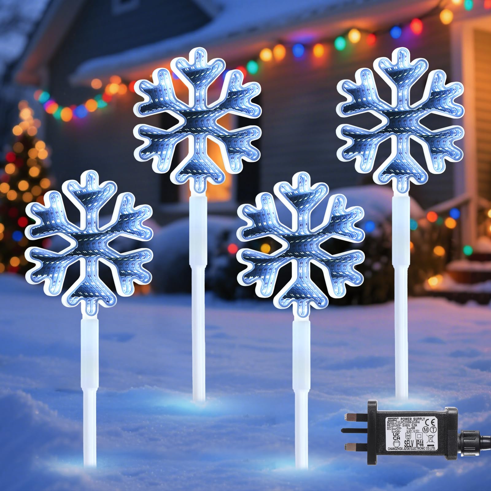 Quntis 3D LED Christmas Pathway Snowflake Lights 4Pack Mains Powered Christmas Path Infinity Lights with 8 Modes Timer Memory Function Mirror Tunnel Effect Xmas Decor Outdoor for Garden Yard Lawn