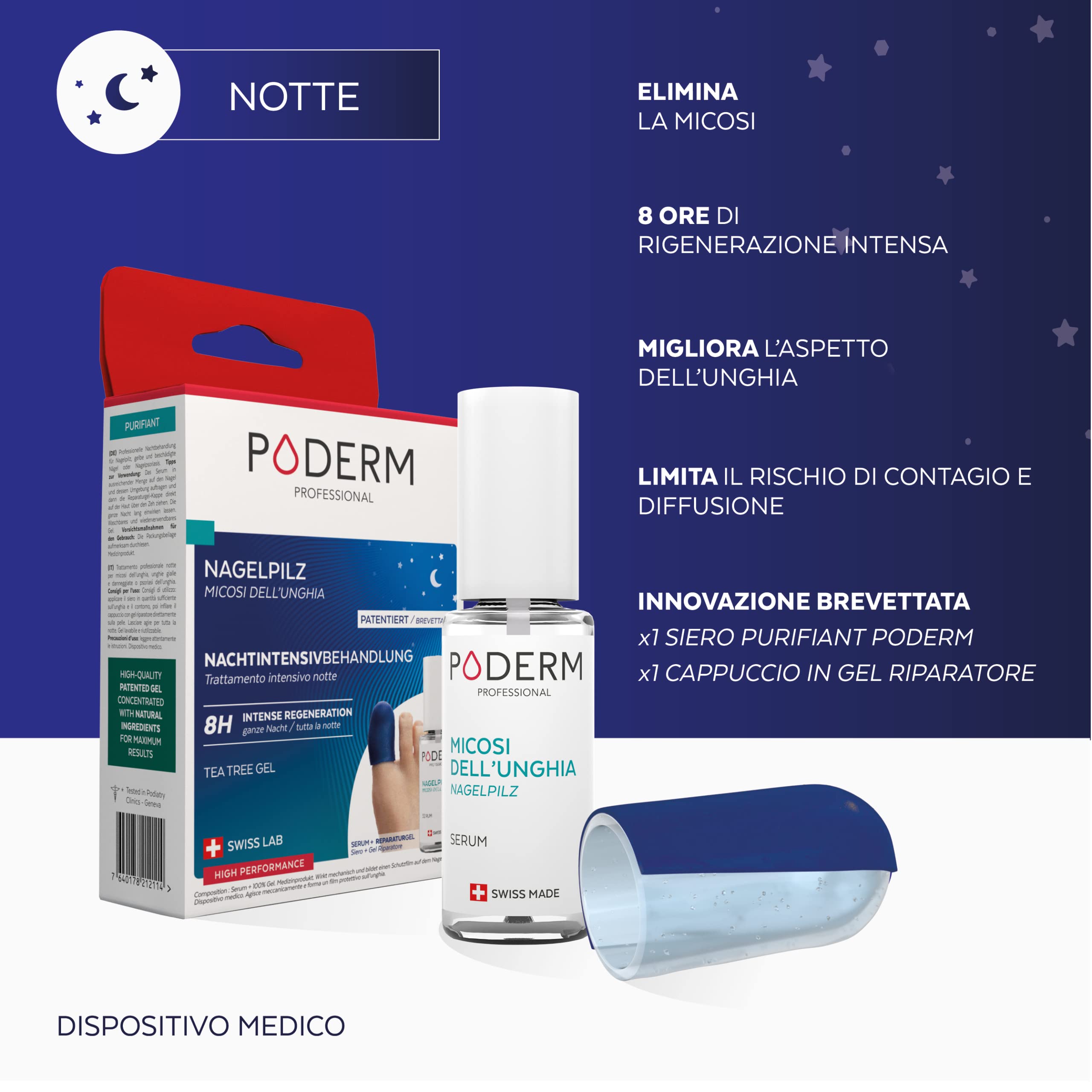PODERM – MICOSI UNGHIE PIEDE TRATTAMENTO INTENSIVO NOTTE 2 in 1 – Elimina la micosi e rinnova l'unghia durante il sonno | VEGAN | Trattamento professionale piedi/mani | Facile e rapido | SWISS MADE