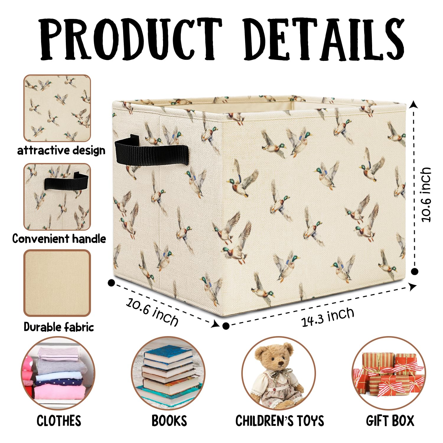 Rustic Mallard Duck Storage Bins Box with Handles, Mallard Duck Nursery Decor, Farmhouse Ducks Laundry Basket Hamper Collapsible Clothes Toys Organizer for Kids Boys Bedroom Bathroom