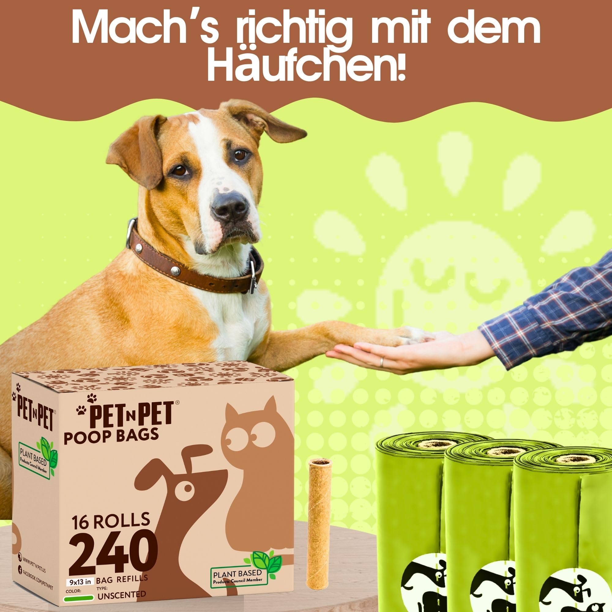 PET N PET Kompostierbare Hundekotbeutel, 240 Stück, 16 Rollen kotbeutel | 100% kompostierbar, Extra reißfest, Auslaufsicher, kotbeutel für hunde & Katzenstreubeutel, Auf Rollen