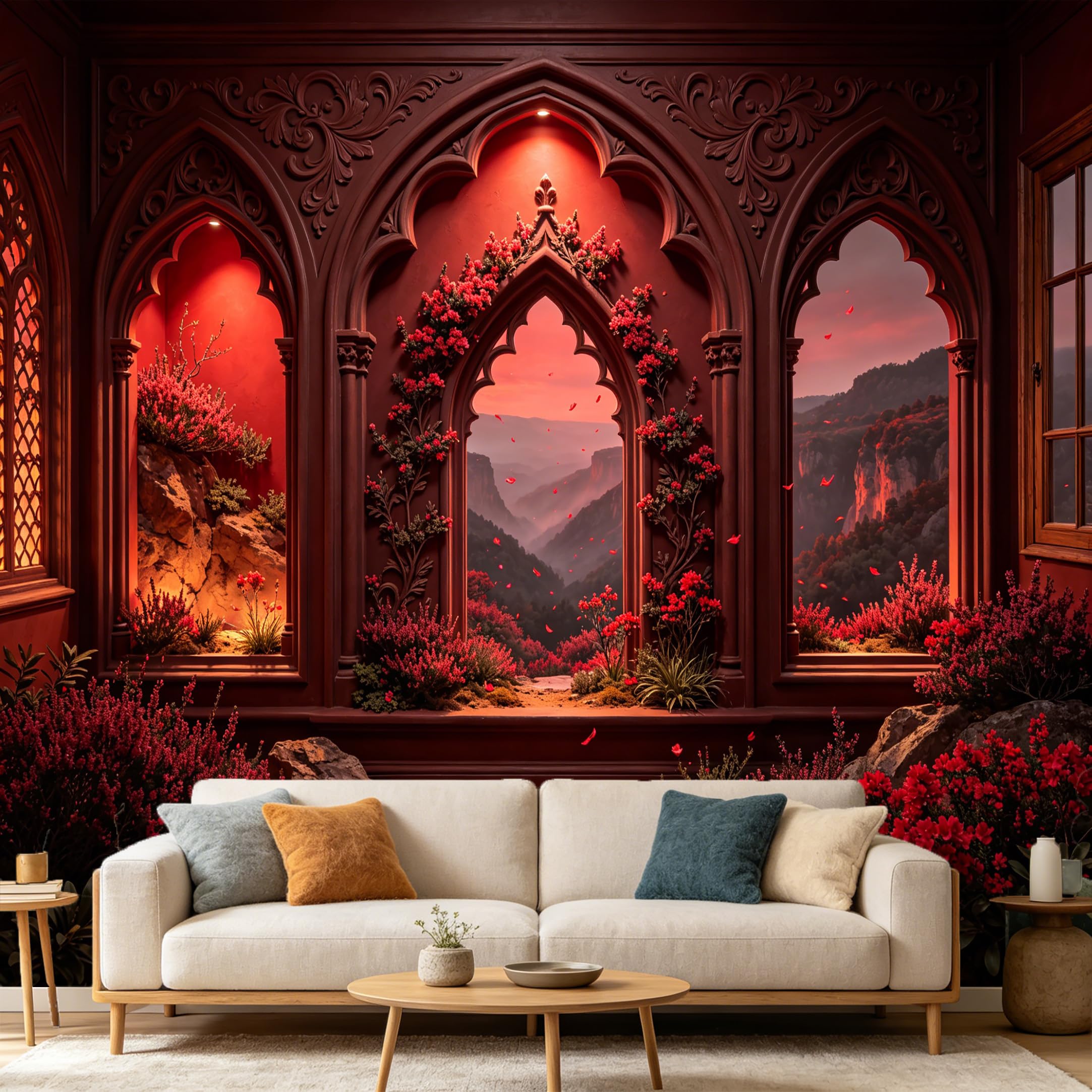 Custom Size Wall Mural， Gothic Arch Window Mountain View， Red Floral Botanical 3D Trompe l’oeil， SelfAdhesive Art Prints wall Fabric Removable Large Wallpaper Home Living Room Decor