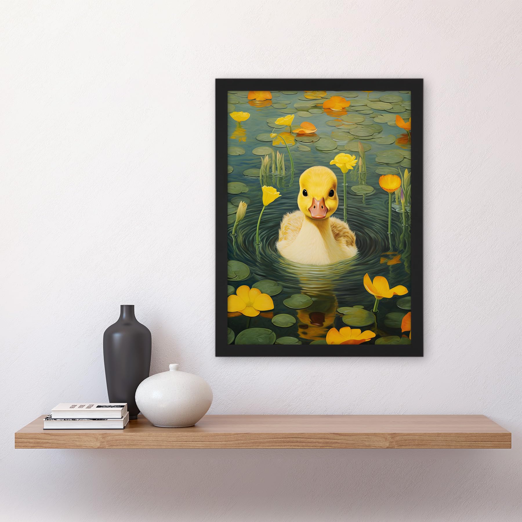Artery8 Whirlpool Duckling Lily Pads and Flowers Kids Bedroom Nursery Artwork Framed A3 Wall Art Print, Framed Black A3, 45.5L x 33W cm - Image 2