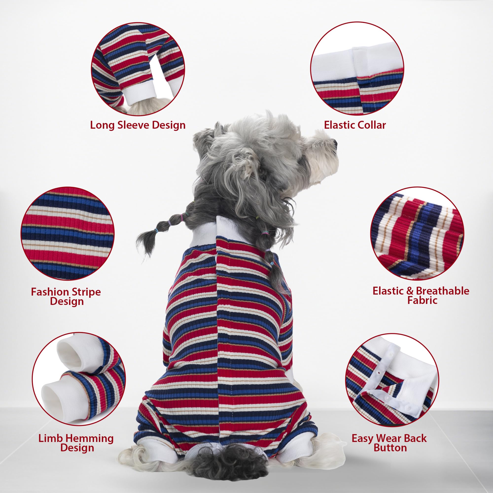 Body Perro Post Cirugía Hembra Macho Traje de Recuperación para Perros Manga Larga a Rayas Body Post Quirurgico Cachorro Pijama Camiseta Médica Gatos Protección de Heridas, Azul-Rojo L