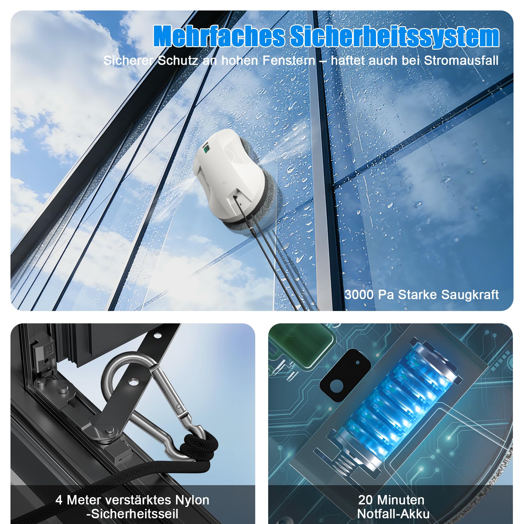 Fensterputzroboter mit automatischer Sprühfunktion, intelligenter Navigation & Kantenerkennung, 3 Reinigungsmodi, Fernbedienung, 70ML Tank, Sicherheit & UPS für Fenster, Glas, Spiegel, Fliesen