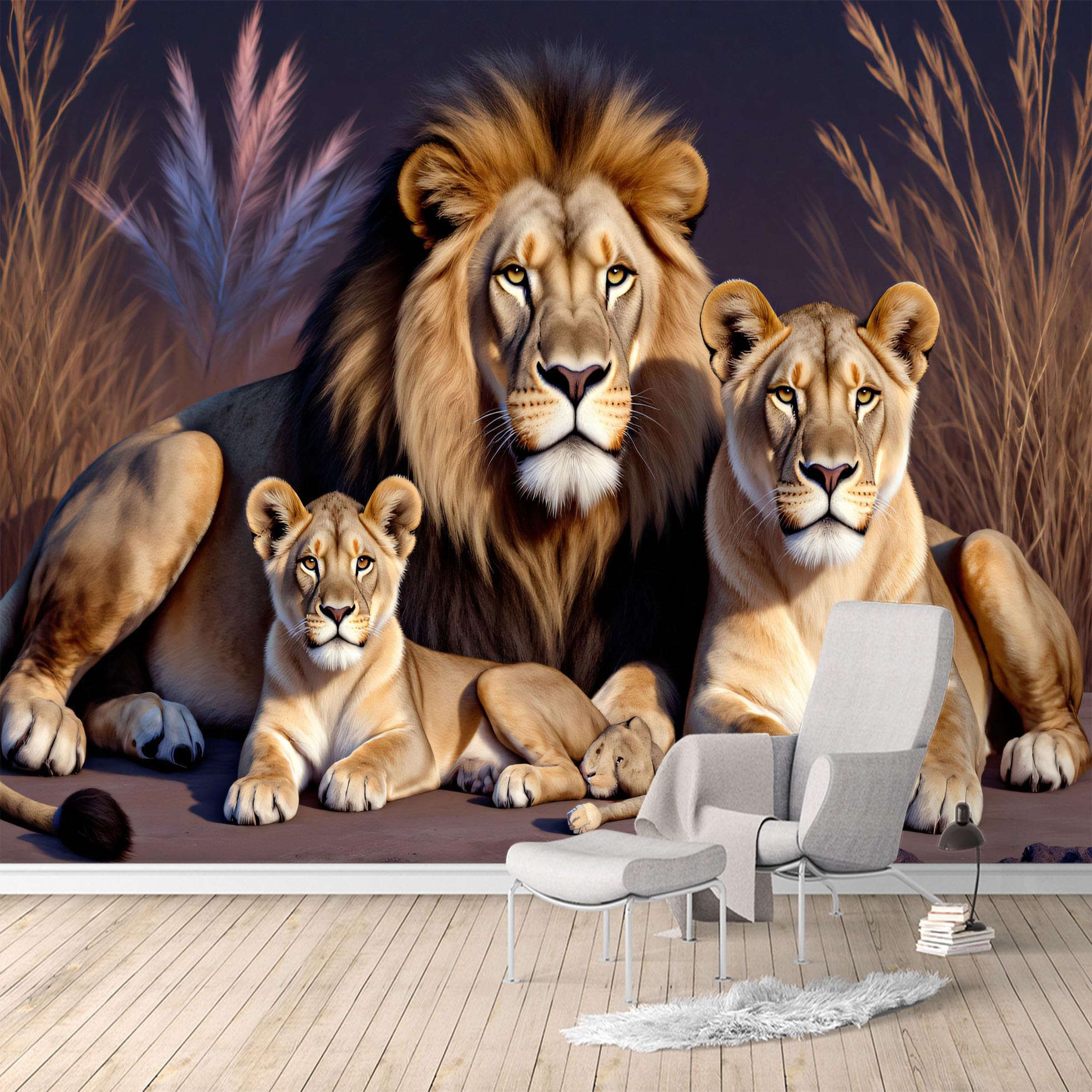Custom Size Wall Murals,Majestic Lion Family Savannah Wildlife Art,SelfAdhesive Water Activated Removable Wall Covering,Large Photo Wallpaper for Living Room Bedroom Office