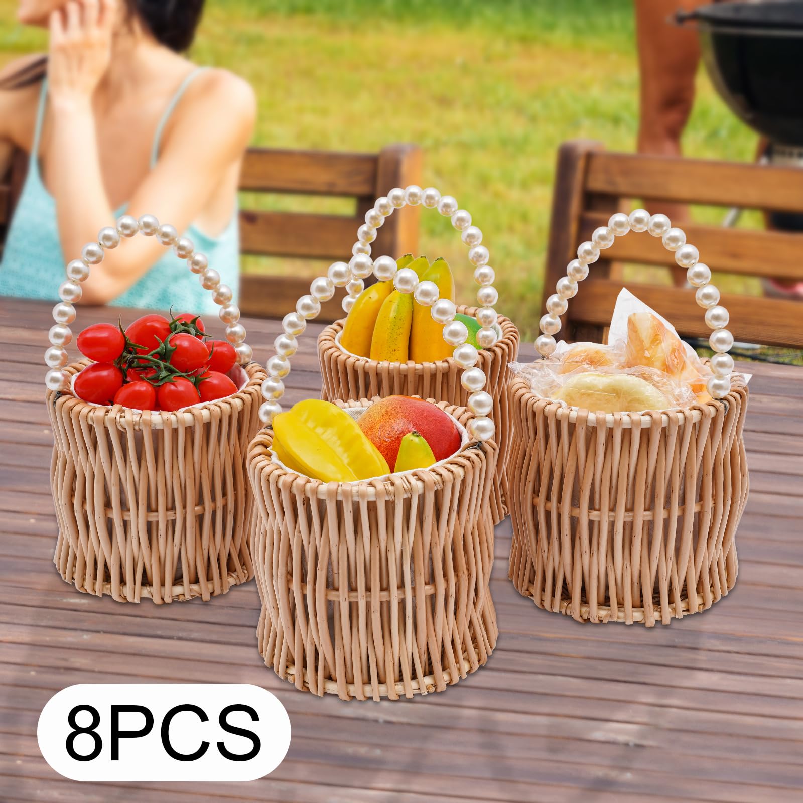 8Pcs Wicker Wedding Flower Girl Baskets, Wicker Rattan Flower Basket with Pearl Handle, Portable Picnic Basket, 5.9 x 6.5 Inch Handcraft Flower Girl Baskets for Weddings Banquet Party