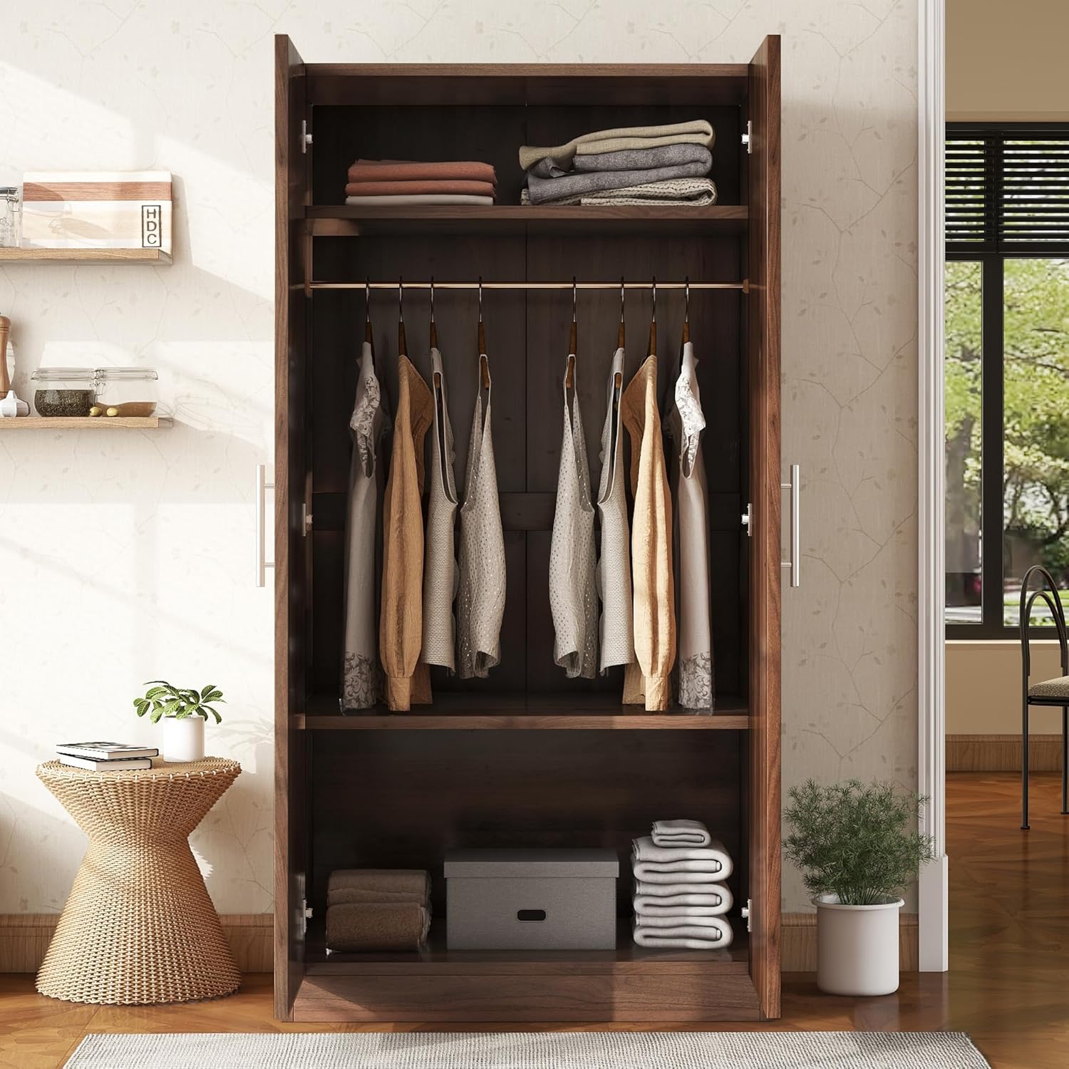 Armoire Wardrobe Closet with 2 Doors, 67.3" H Armoire with Shelves, Wooden Wardrobe Closet for Hanging Clothes, Bedroom Armoires Storage Cabinet with Hanging Rod, Brown