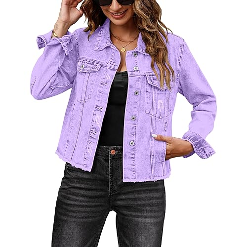 luvamia Denim Jacket for Women Distressed Jean Jackets Button Up Vintage Western Trucker Jacket Frayed Hem Pockets