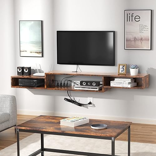 Miniatura 2 de FABATO Soporte de TV flotante de 71 pulgadas con toma de corriente, consola multimedia montado en la pared, estante debajo del televisor para caja