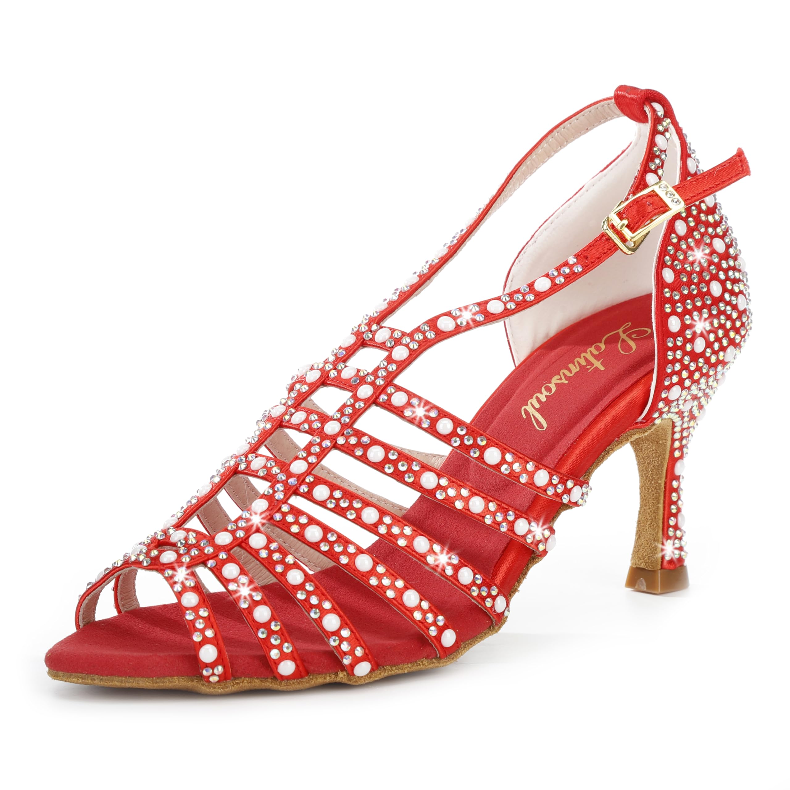 Latinsoul Y205-32 Damskie eleganckie buty do tańca latynoamerykańskiego z kryształkami wysokie obcasy wygodne sandały z regulowanym paskiem na kostkę do tańca towarzyskieg
