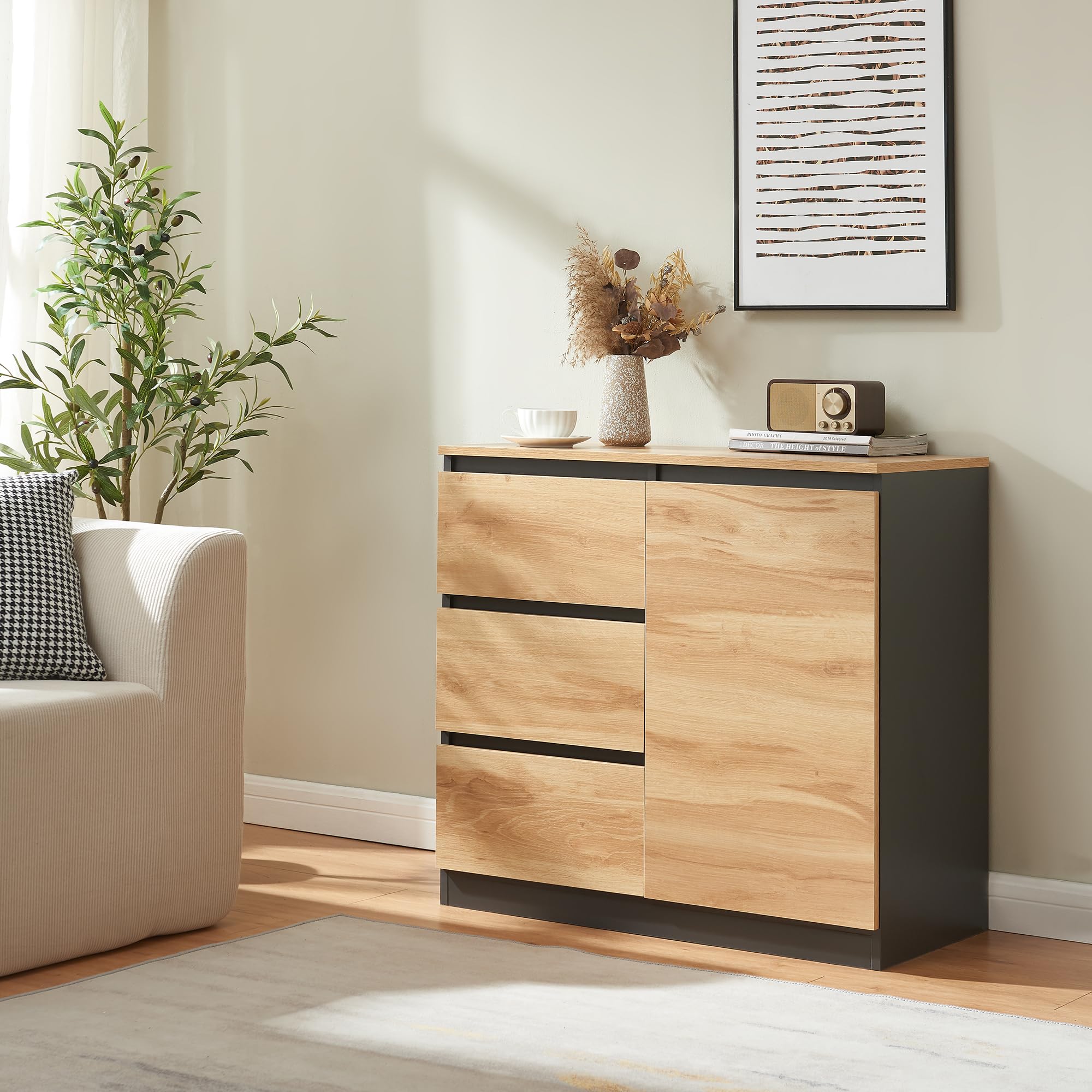 [en.casa] Credenza Mobile Contenitore con Anta e 3 Cassetti Comò con Vani Ripiani Chiusi Madia per Soggiorno Sala da Pranzo Ingresso 80 x 40 x 75 cm - Nero/Effetto Rovere Rustico