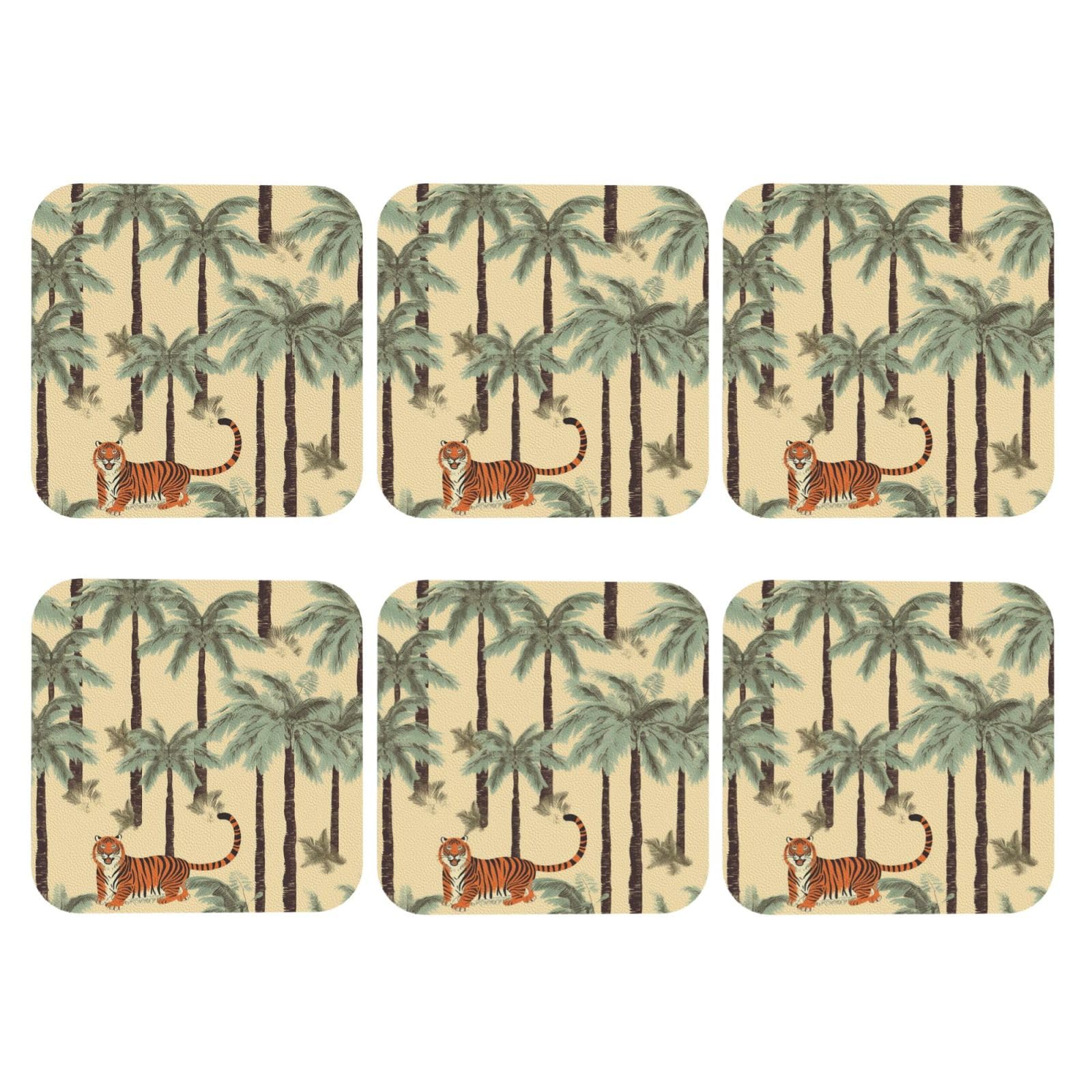 6pcs Leather Coasters for Drinks, Palm Trees and Tigers Drink Coasters for Tabletop Protection, 4" Cup Coasters for Coffee Table Decor, Non-Slip Drinking Cup Mat for Hot Or Cold Drink
