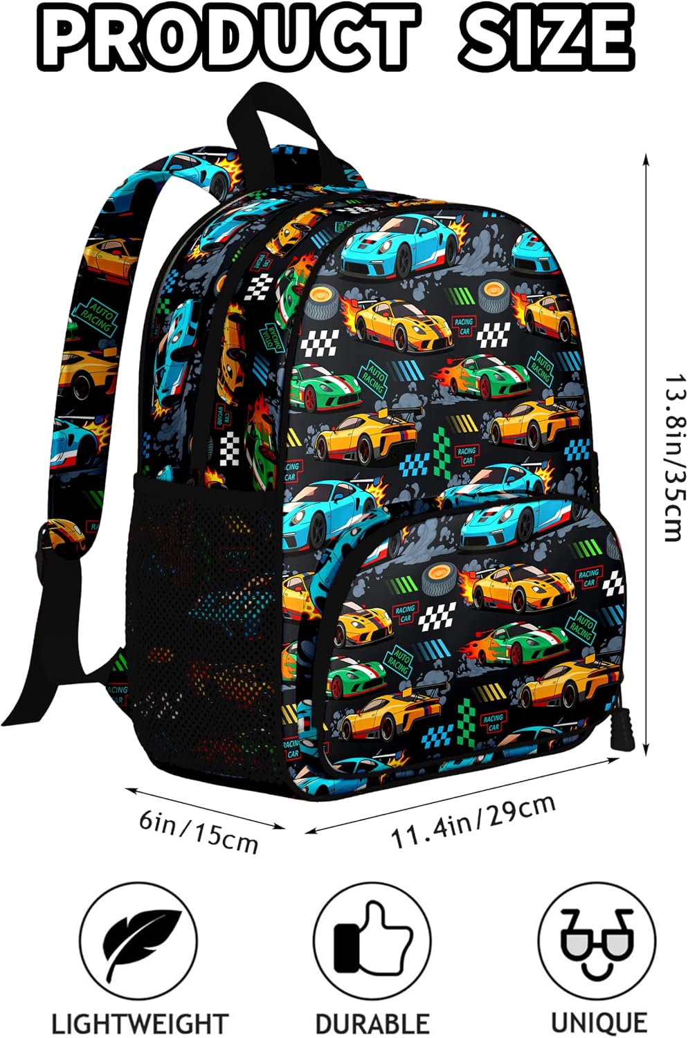 Cool Racing Cars Kids Backpack,Lightweight Toddler Bag for Boys Girls,Adjustable Straps Preschool Nursery Travel Bookbag
