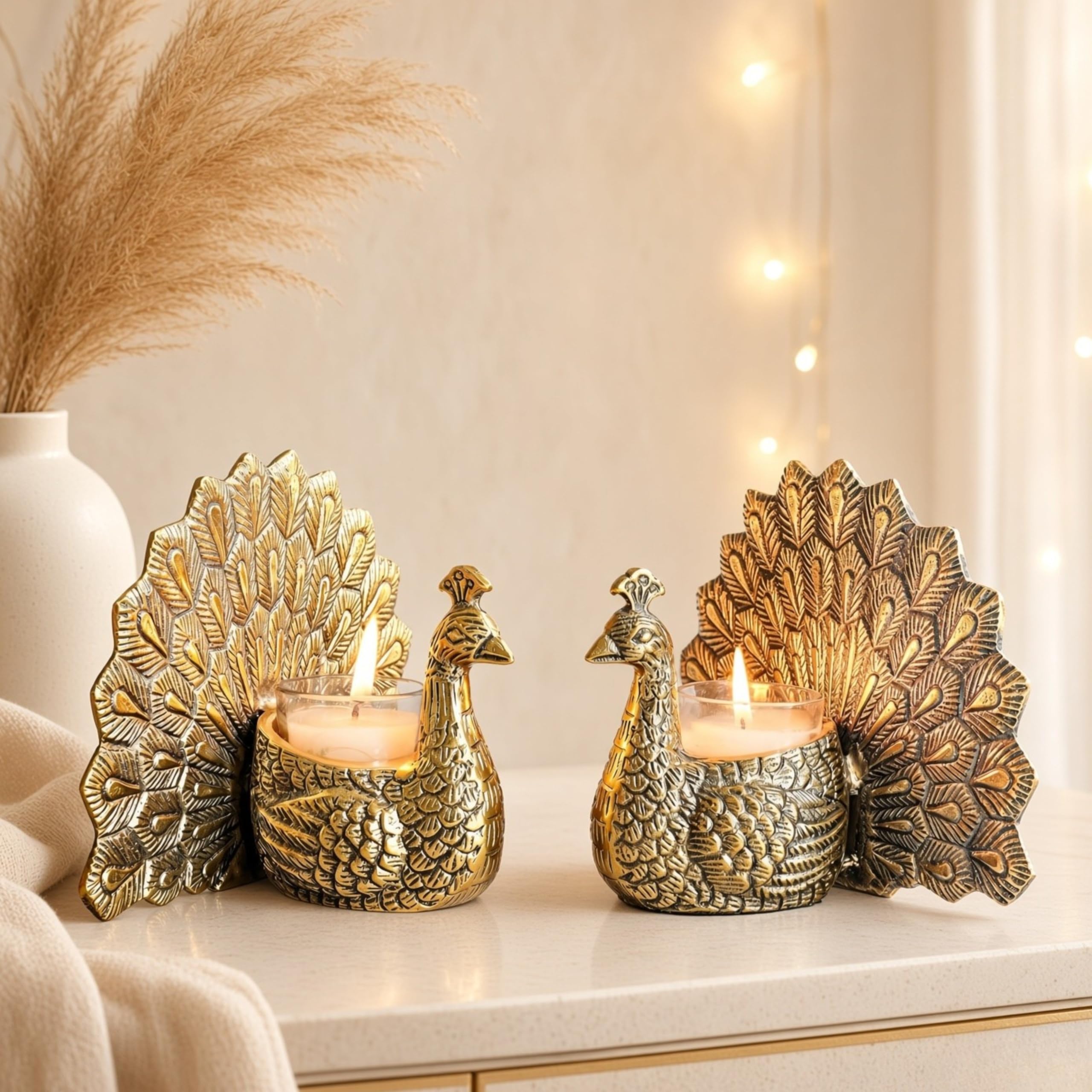BEHOMA Metal Dancing Peacock Figurine Pair for, Gold - Set of 2