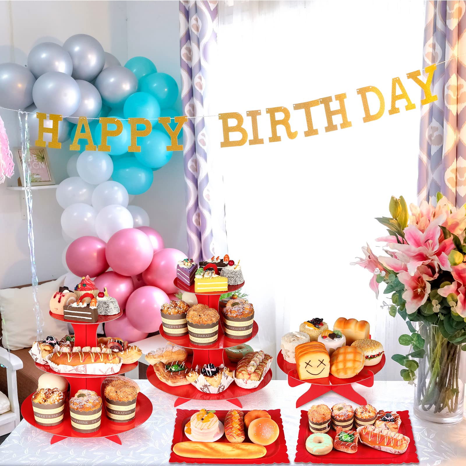 Lot de 7 présentoirs à gâteaux ronds en carton à 3 étages - Présentoir à gâteaux rectangulaire - Plateau de service réutilisable pour desserts, fête d'anniversaire (rouge)