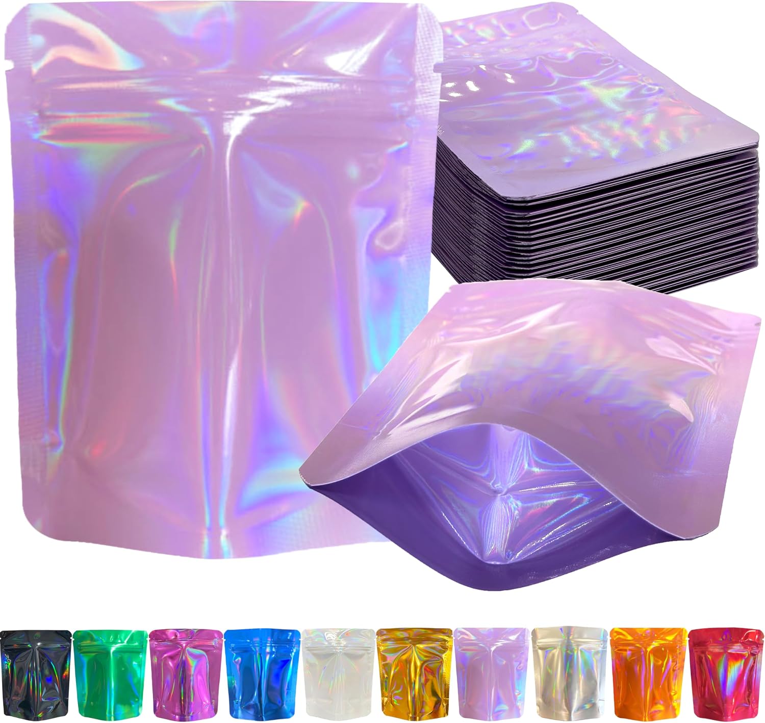 100 Pack Premium Smell Proof Mylar Bags, Resealable Storage Bags with Double-sided Holographic Printing, 5" x 4" Aluminum Foil Stand-up Packaging Bags. (Pink)