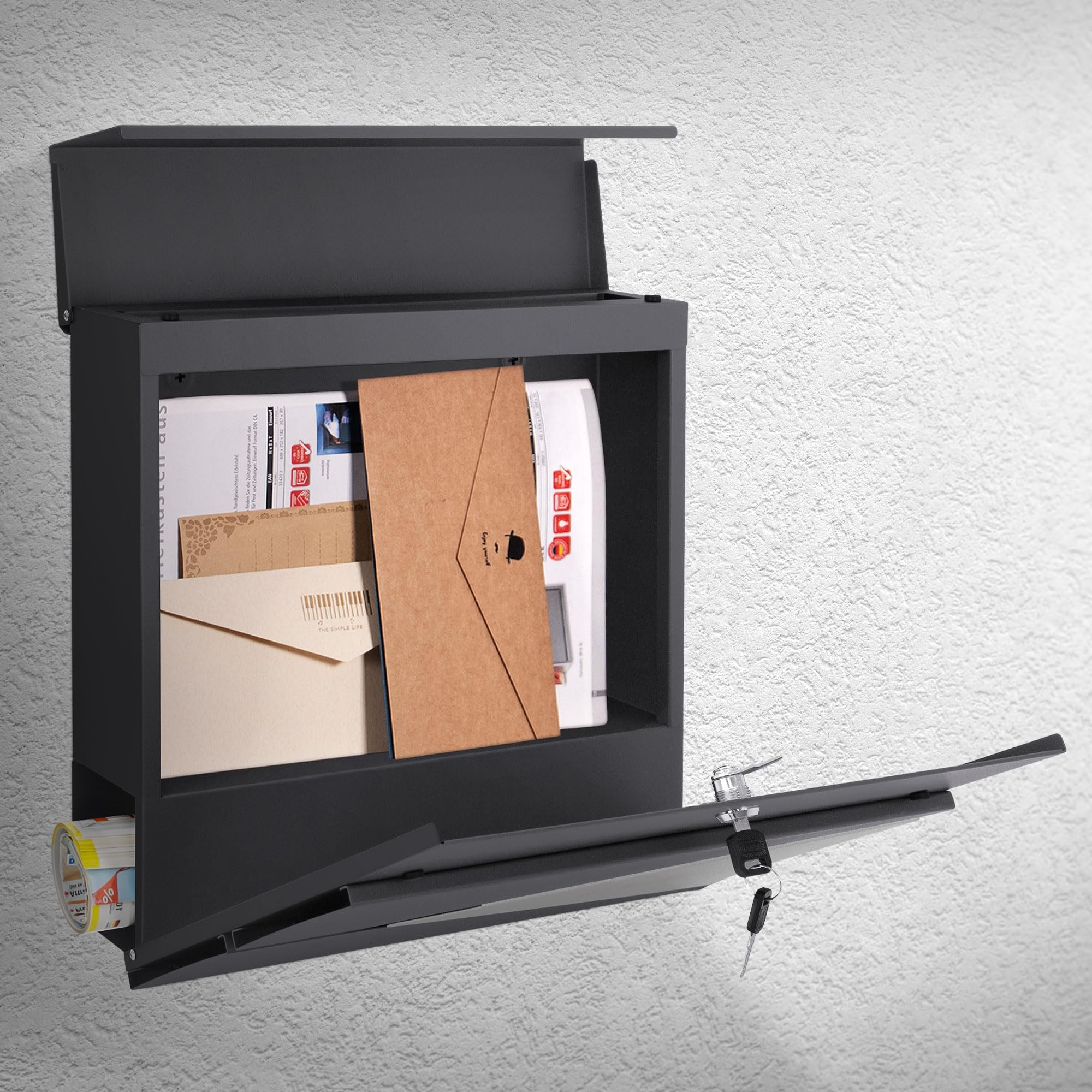 ML-Design Cassetta Postale per Lettere in Acciaio Verniciato a Polvere Antracite Argento 37 x 37 x 11 cm con Scomparto per Giornali Riviste Serratura a 2 Chiavi incl. Materiale per Montaggio a Muro