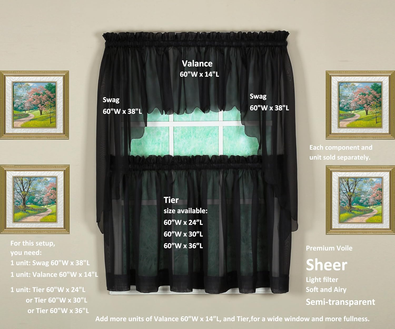 Today's Curtain Emelia Original Voile Swag Pair 38", Black, 60"W x 38"L