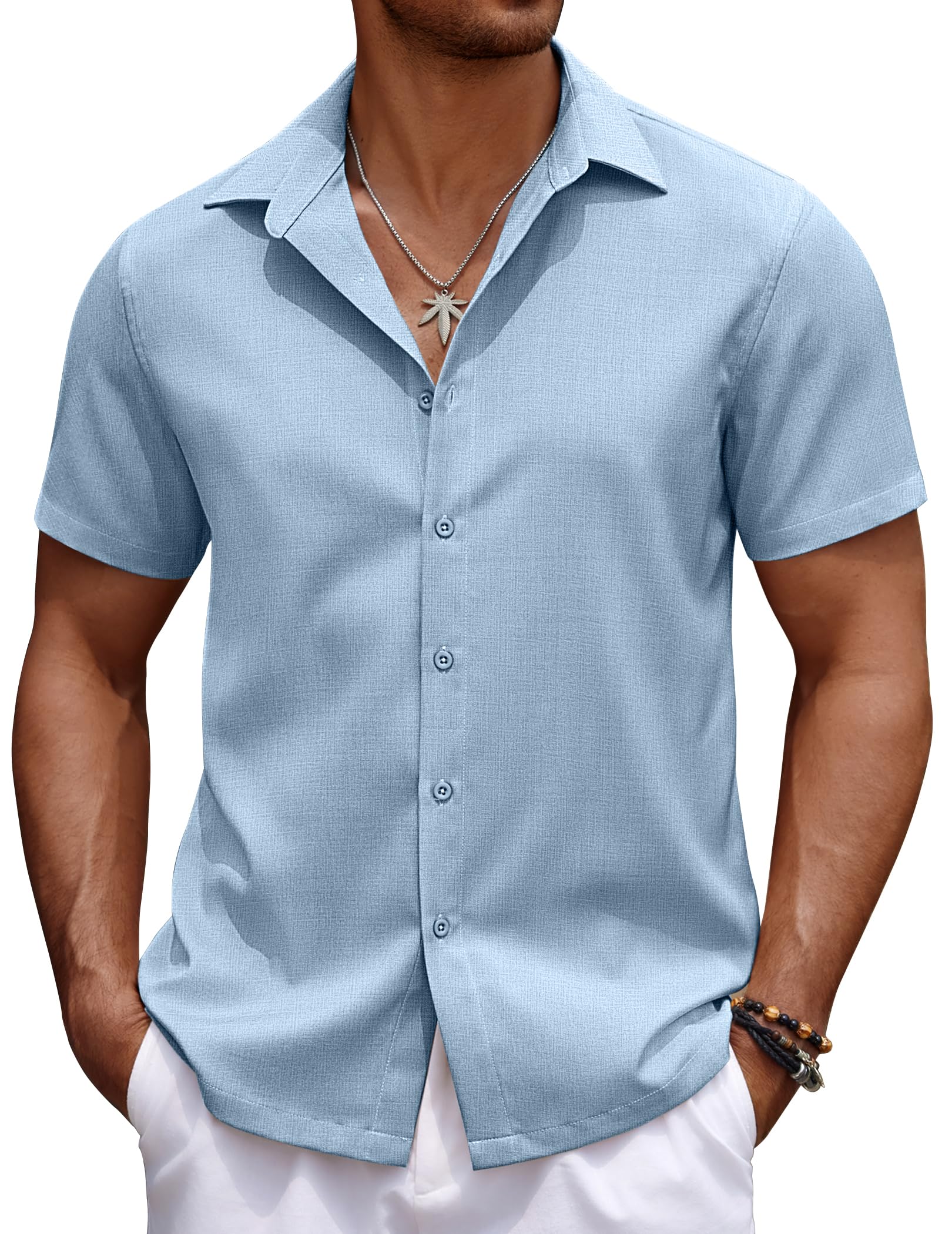 COOFANDY Mens Casual Summer Beach Shirt Button Down Short Sleeve Shirts Vacation Shirt Cotton Linen Shirts