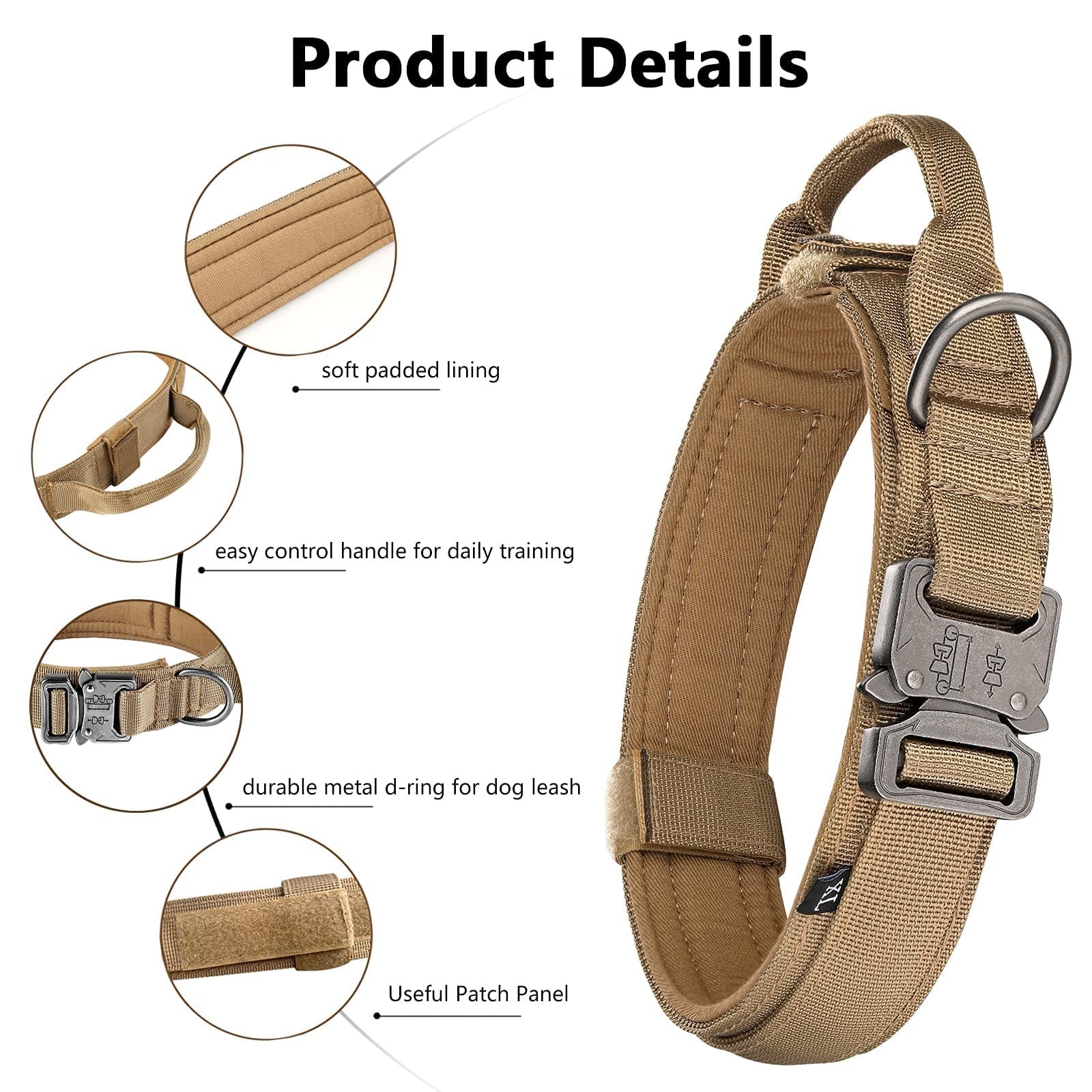 Ensemble Collier et Laisse Tactique pour Chien réglable en Nylon Militaire avec poignée de contrôle, Boucle en métal Robuste et Laisse élastique pour Dressage de Chien (Taille XL, Kaki)