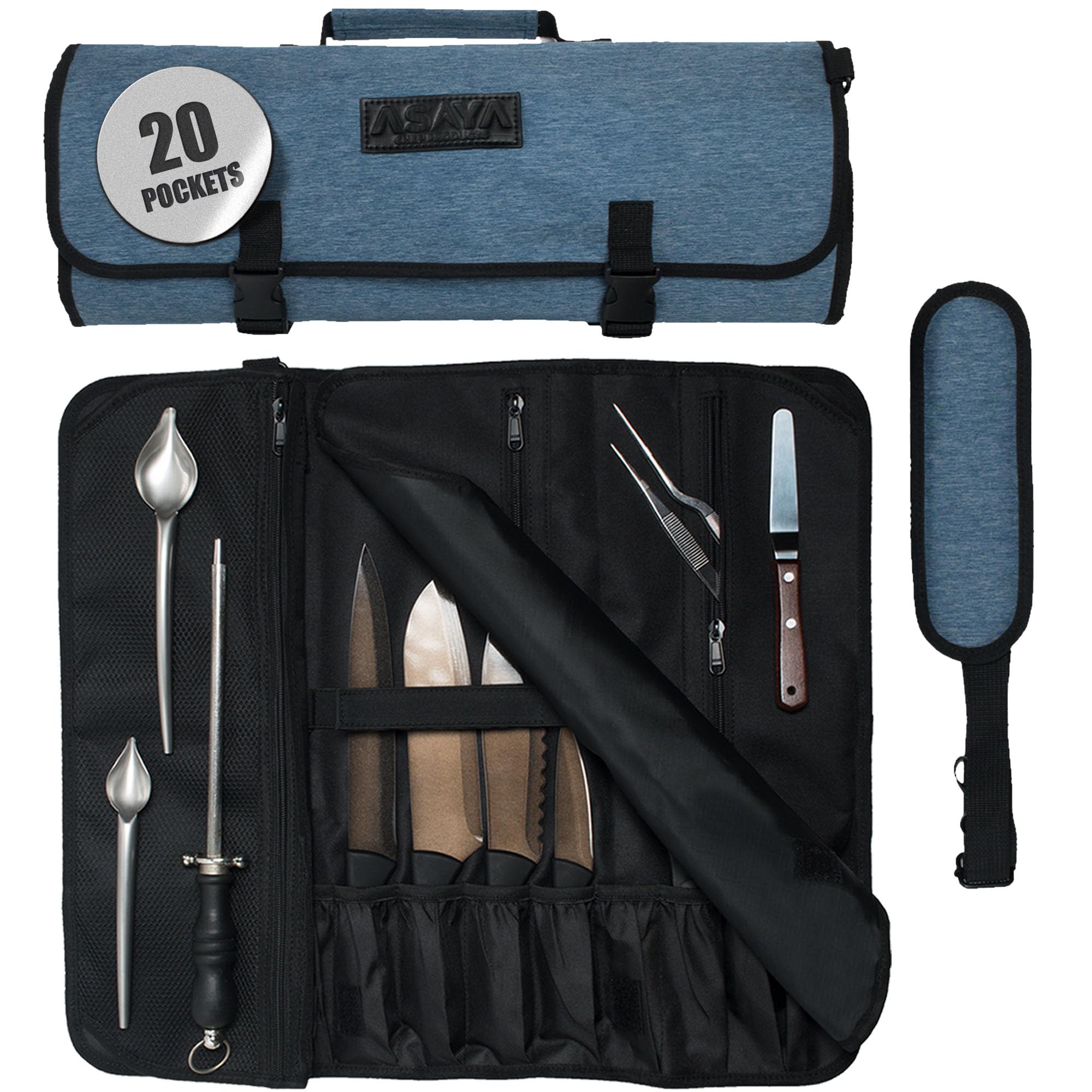 Asaya Chef Knife Roll Bag - 20 Total Pockets for Knives and Kitchen Utensils - Made with Stain Resistant Waxed Nylon - For Chefs and Culinary Students - Knives Not Included(Blue)