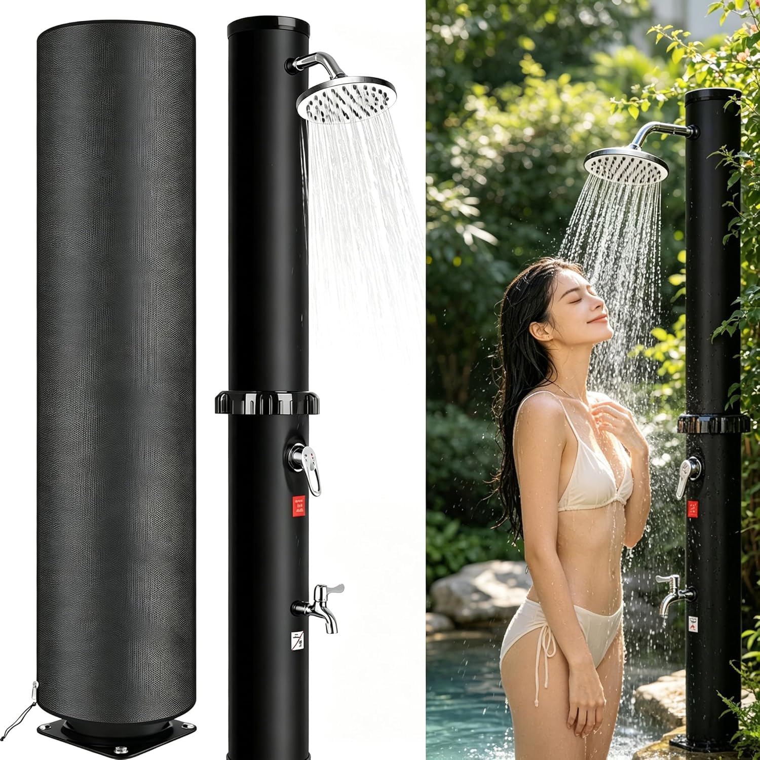 Solar Gartendusche 60 Liter Solardusche mit Drehbarem Duschkopf, Fußarmatur und Abdeckhaube, Einstellbares Warm und Kaltwasser, Maximal 60°C, Aussendusche Solar Dusche für Garten Pool Camping