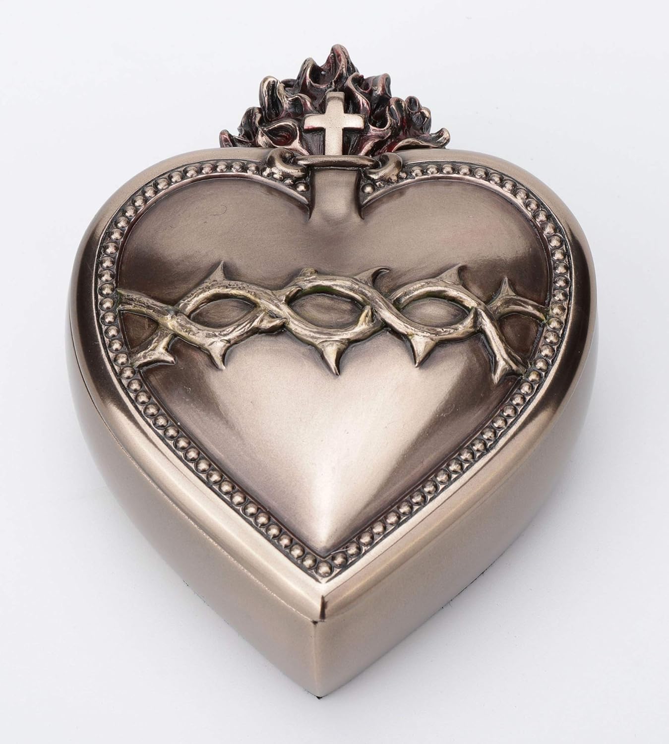 Veronese Design Sacred Heart Rosary Trinket Box Cold Cast Resin Bronze Fininsh
