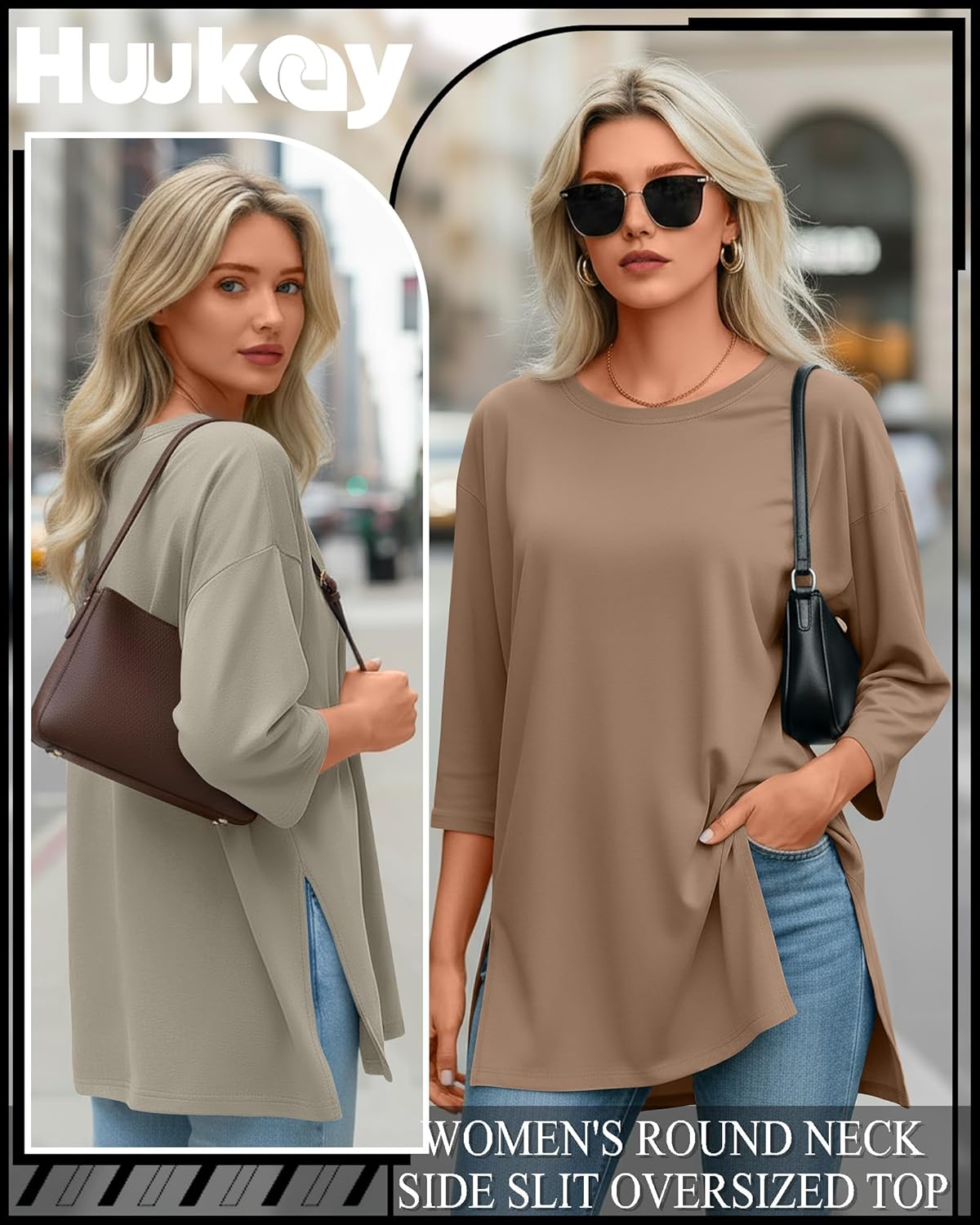 Huukeay 3 Pack Women's Oversized T Shirts Workout 3/4 Sleeve Top Loose Side Split Gym Elbow Crewneck Casual Clothes Tee - Image 4