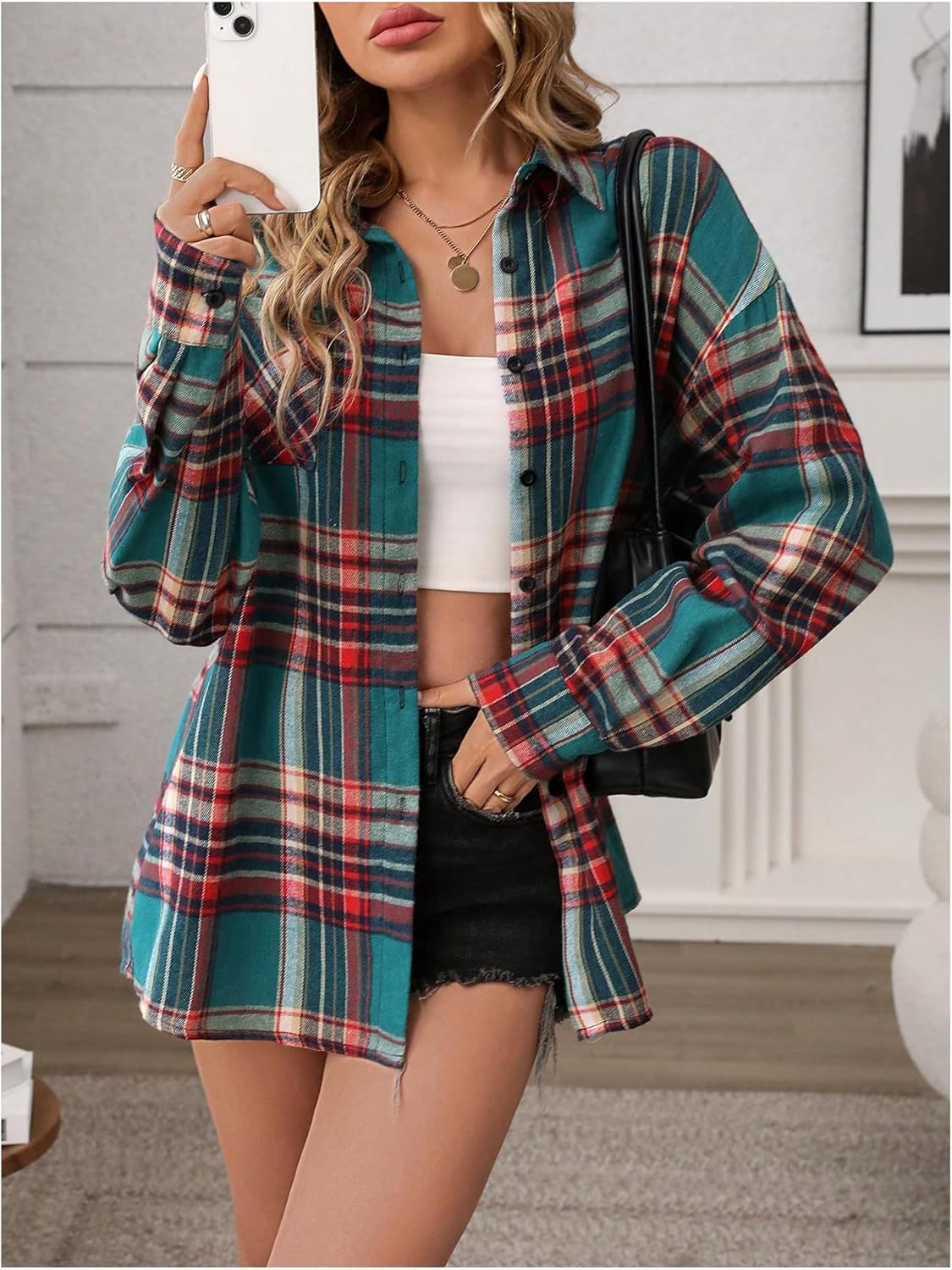 Milumia Women's Plaid Print Button Up Shirts Long Sleeve Collared Oversized Blouse Tops - Image 5