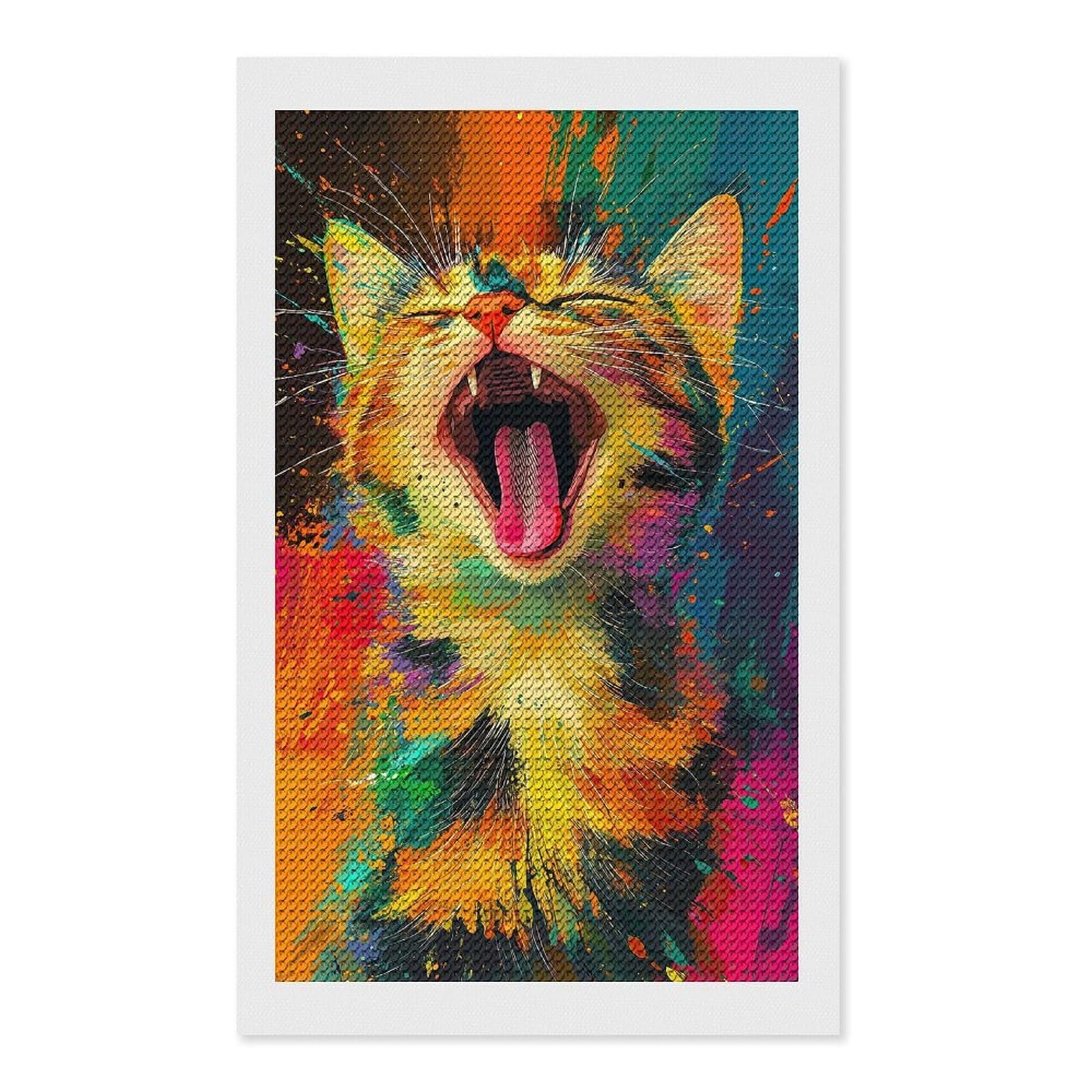 Junmoney Yawning Cat in Splatter Art Diamond Painting Canvas Set 12"x20", Satisfying Creative Project, Easy to Follow Symbols, Fun Craft Experience