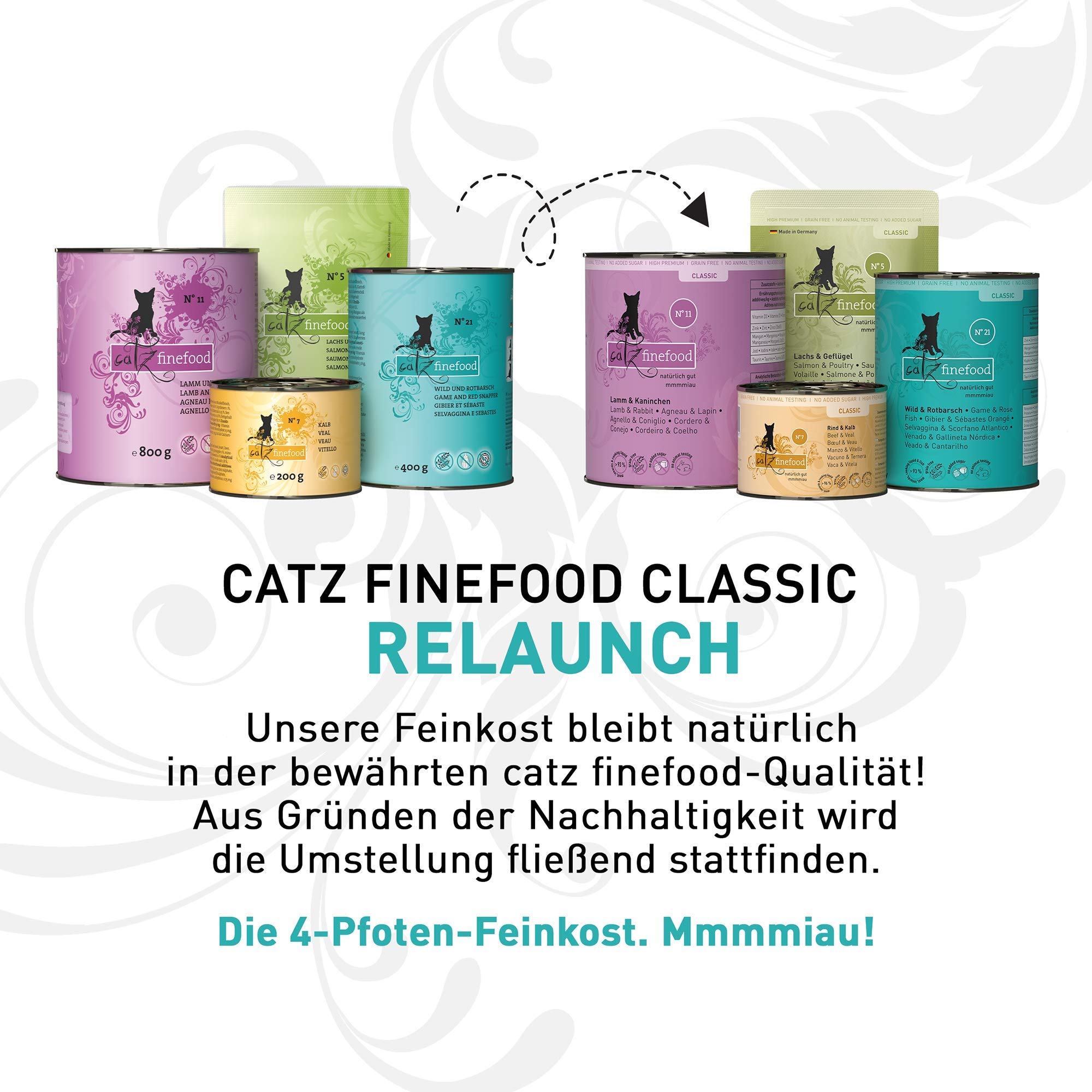 catz finefood N° 9 Wild Feinkost Katzenfutter nass, verfeinert mit Kartoffel & Preiselbeere, 6 x 800g & N° 23 Rind & Ente Feinkost Katzenfutter nass, verfeinert mit Cranberry & Aloe Vera, 6 x 800g