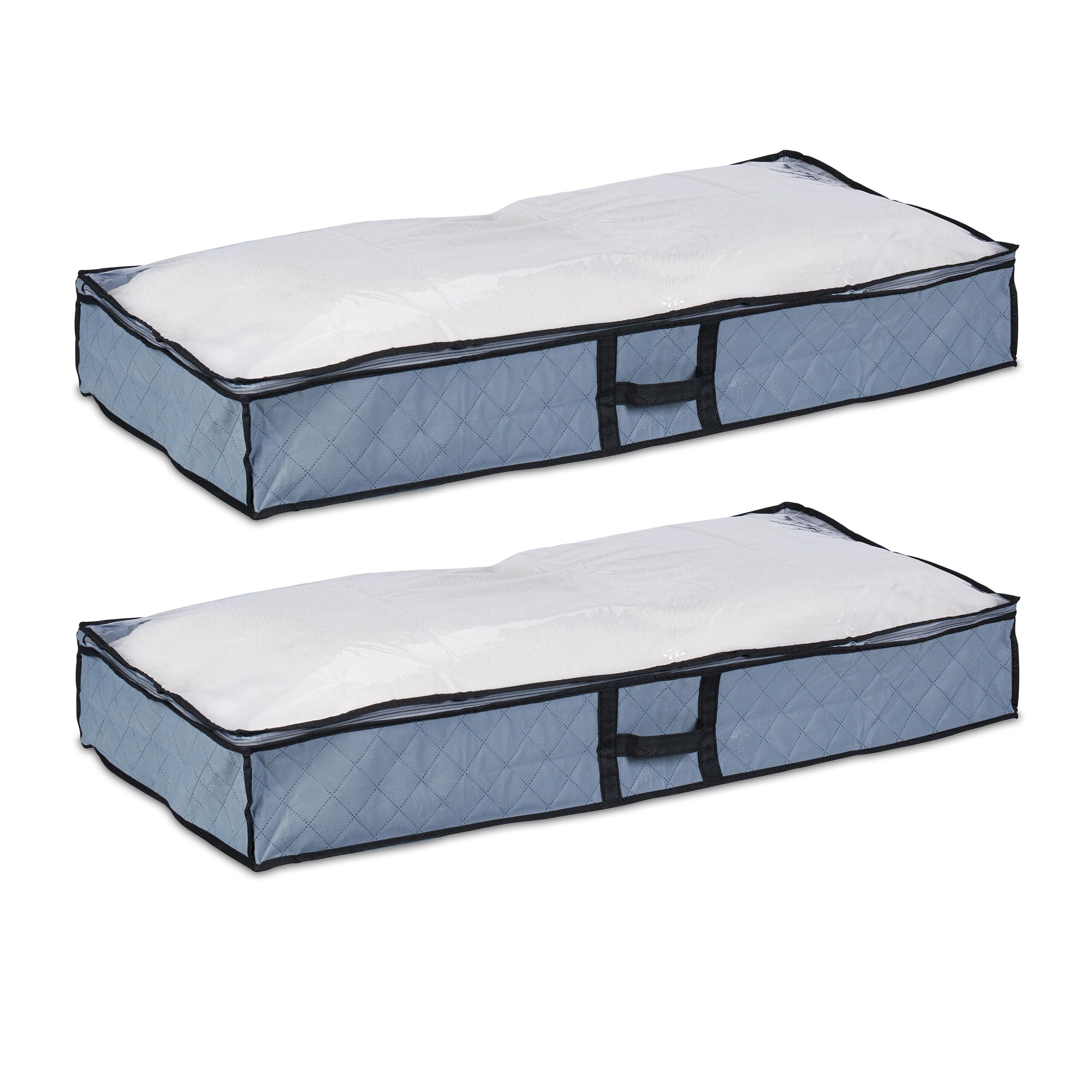 Relaxdays Unterbettkommode 2er Set – Flache Stoff-Unterbettboxen mit Sichtfenster, Grau/Transparent, 14 x 100 x 50 cm