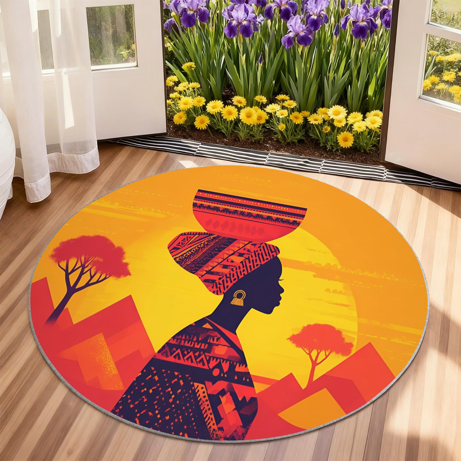 Générique Grand Tapis Rond Lavable à thème Africain pour Salon, Chambre à Coucher, Table à Manger, décoration d'intérieur - 160 cm