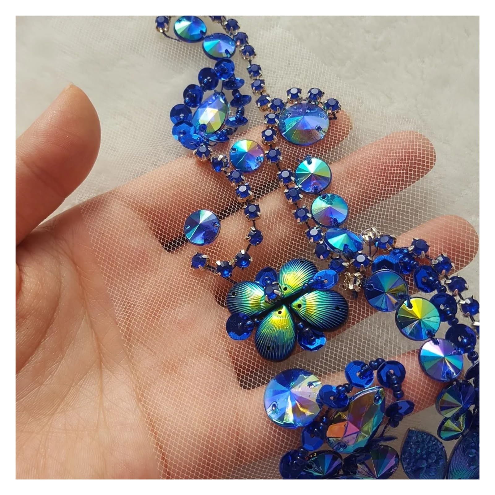 Apliques de encaje con bordado de abalorios Cintura con cuentas Boda Coser lentejuelas Cuentas Rhinestones Azul Púrpura Apliques de parche encaje(Blue)