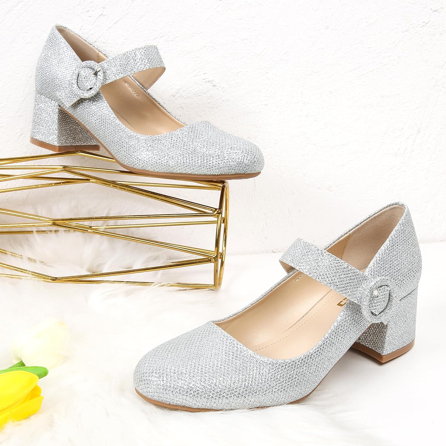 Mary Janes for Women Silver Chunky Heel Ankle Strap Womens Dress Shoes Close Rounded Toe Dress Shoes for Women Low Mary Heels Pumps Size 7.5 Glitter - Image 6