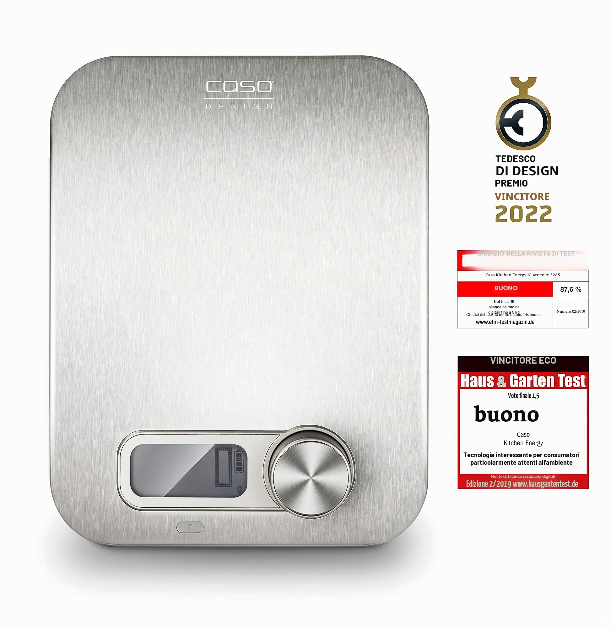 CASO Kitchen Energy Design - Bilancia da cucina digitale, utilizzo senza batteria grazie all'energia cinetica, ecologica e sostenibile, fino a 5 kg in gradini da 1 g, in acciaio inox