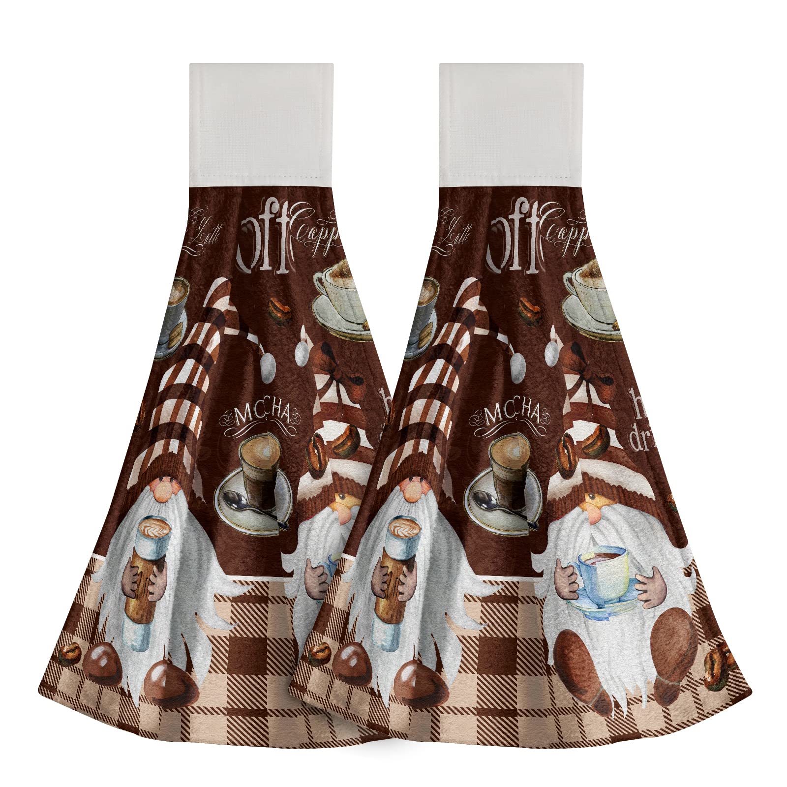 Mweet Coffee Gnomes Hanging Kitchen Towels - Funny Gnome Brown Tie Hand Towel Tea Coffee Bar Decor Set of 2 - Soft Absorbent Decorative Dishclothes