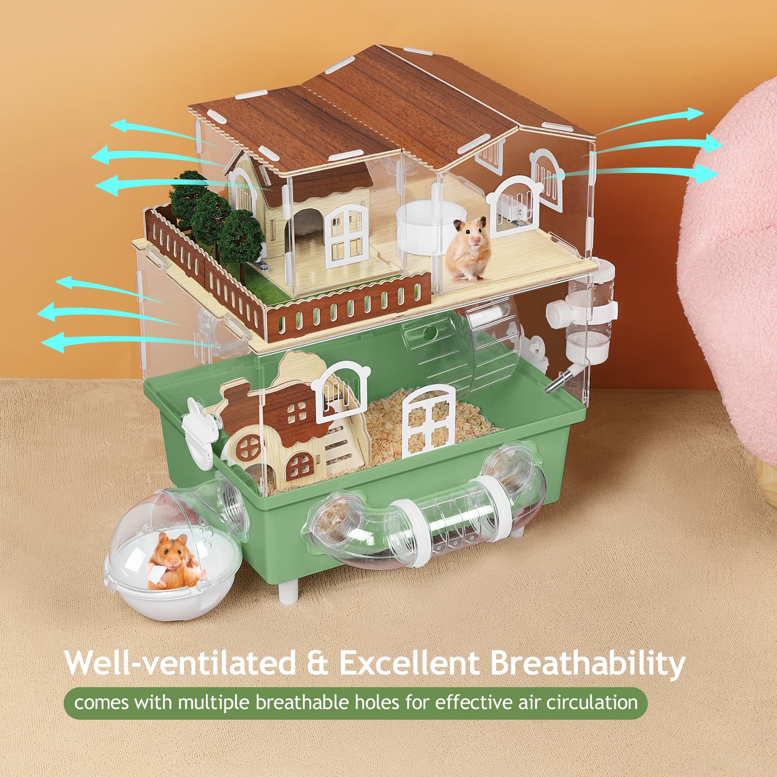 Acrylic Hamster Cage Large Hamster Habitat Dwarf Hamster Enclosure, 13.3''* 9.8''* 17.4'' Clear Pet Mice House for Syrian Small Hamsters, Green