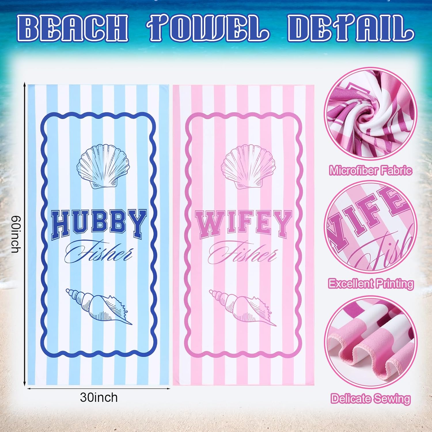 Bride Beach Towel Set of 2 Wifey and Hubby Wedding Beach Towel for Bride Groom 60 x 30 Inch Newlywed Bridal Shower Honeymoon Gifts for Couples Blue and Pink Stripe(Seashell)