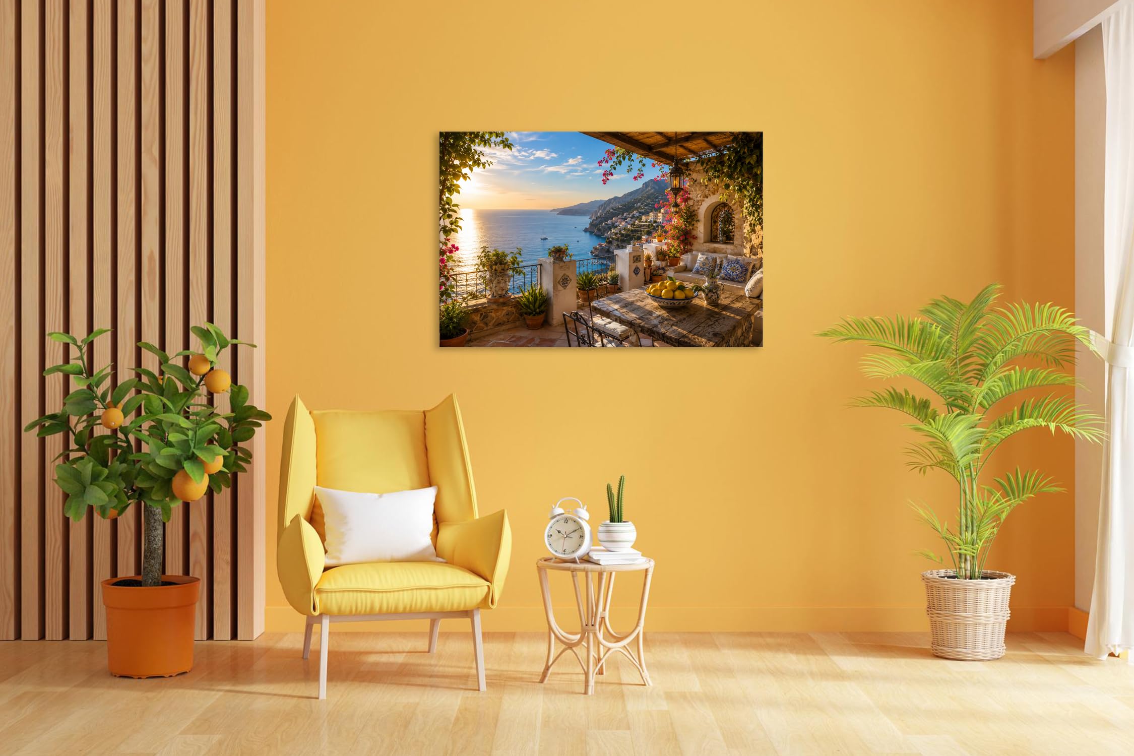 Farbenhorizont Leinwandbild Mediterrane Terrasse mit Meerblick im goldenen Abendlicht Format:90x60cm XXL Wandbild auf Keilrahmen/Kunstdruck/Bild Wohnzimmer Dekoration