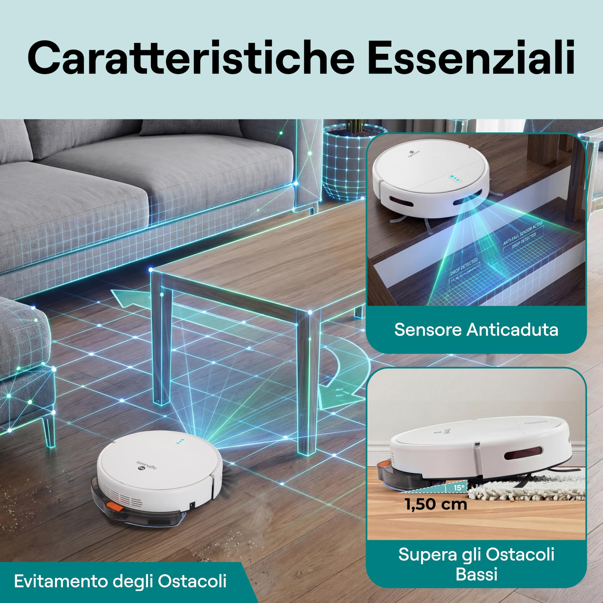 SereneLife Robottino Aspira e Lava Pavimenti, Robot Aspirapolvere con Controllo App, 3 Modalita, Sensori Anti-Caduta, Auto-Ricarica, per Pelo Animali e Pavimenti Duri, Casa, Ufficio, Bianco
