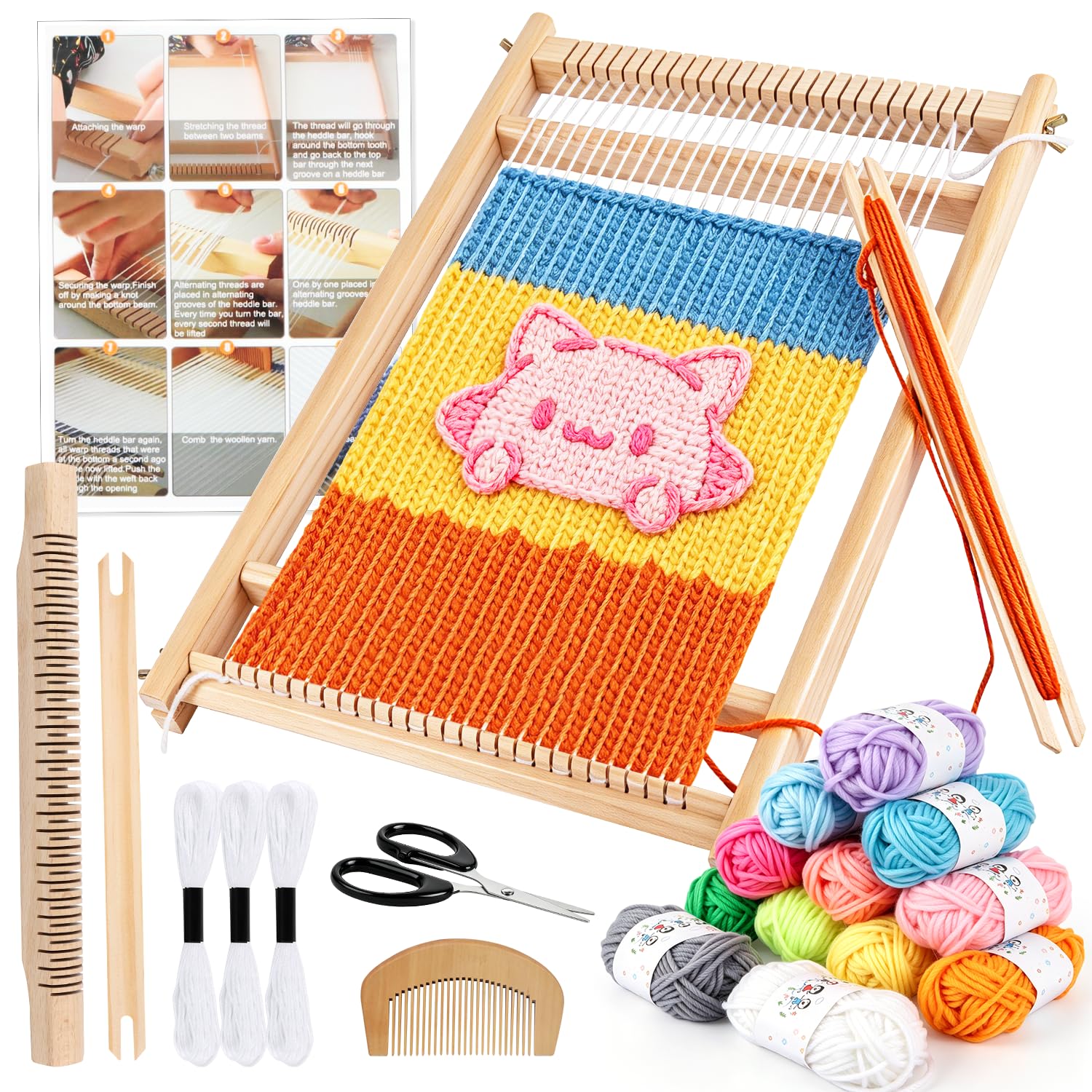BSTDAYEVER Telaio per Tessitura in Legno Telaio per Bambini Telaioi per Tessitura a Cornice 28x38cm Craft Telaioi per Tessiture Quadrato Contiene 12 Colori di Filato per Principianti e Bambini