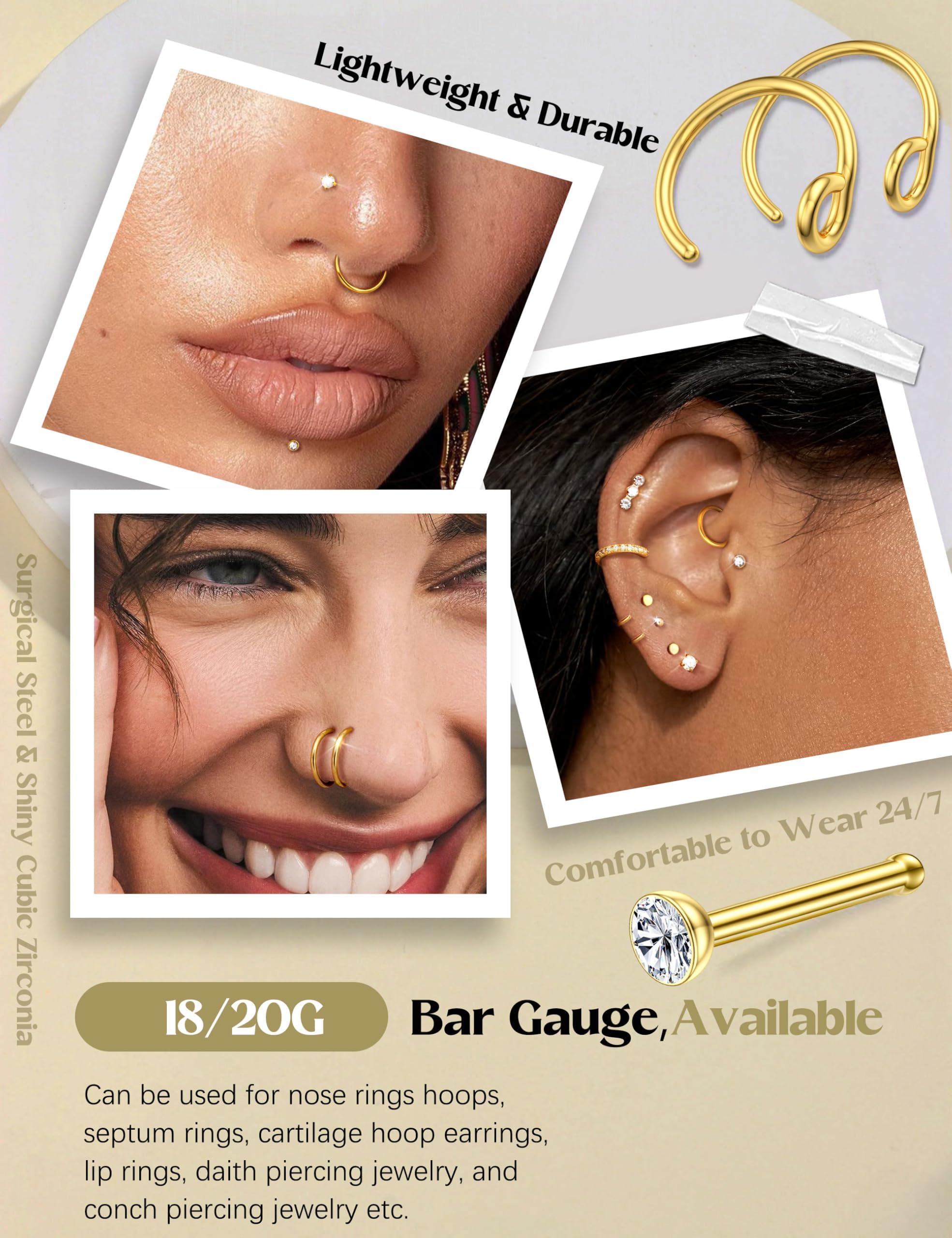 Morfetto 19 Piezas Piercing Nariz Acero Quirurgico Dorado Para Mujeres Hombres 18G/20G L-Hoja Septum Piercing Nariz Aro Tragus Helix Conch Nostril Accesorio​​ Plata/Oro