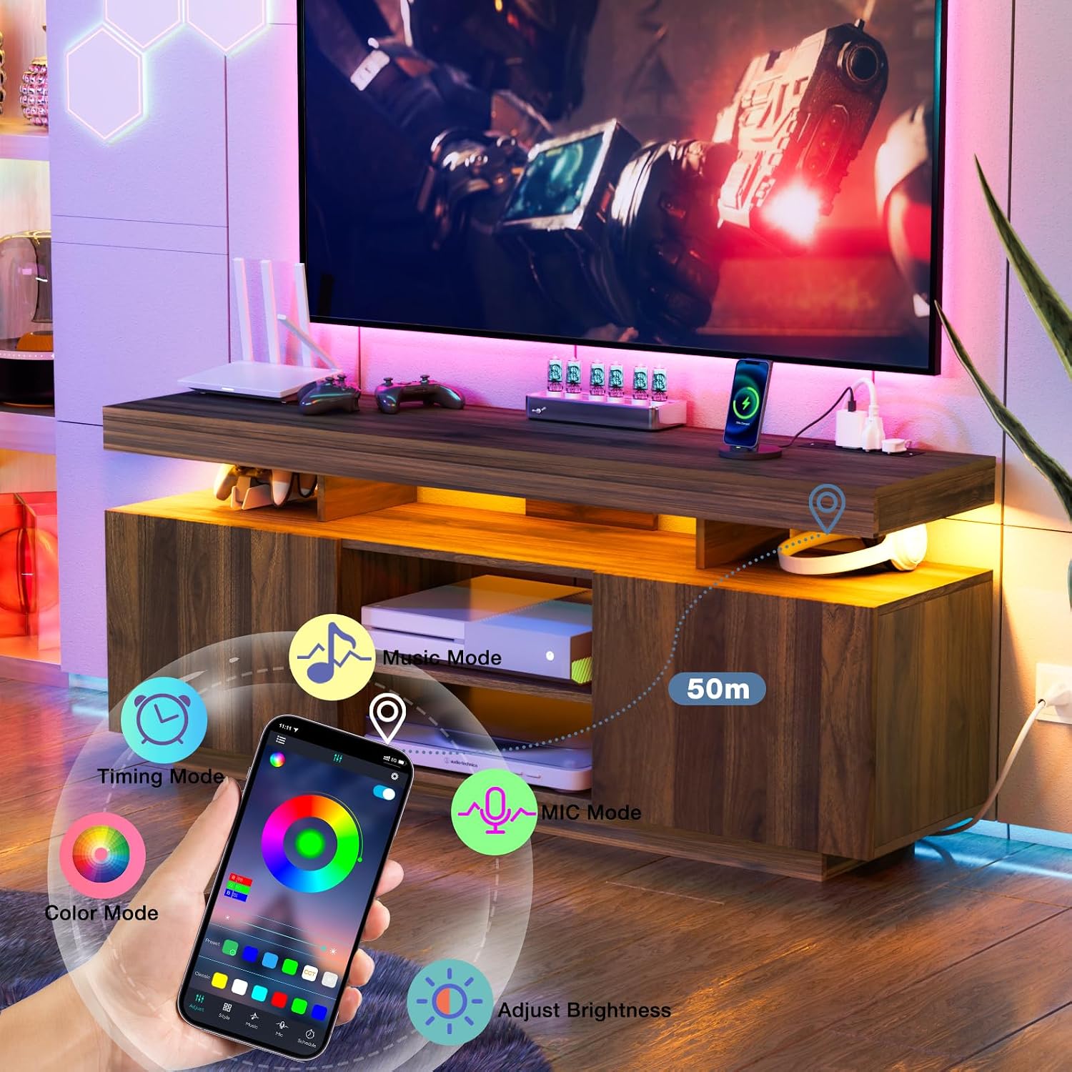 HOMMPA Modern LED TV Stand for 65 Inch TV, Walnut TV Console with Power Outlet, Entertainment Center with Storage for 65/60/55 Inch TVs, Rustic Gaming Media Console Cabinet for Living Room (55 Inch)