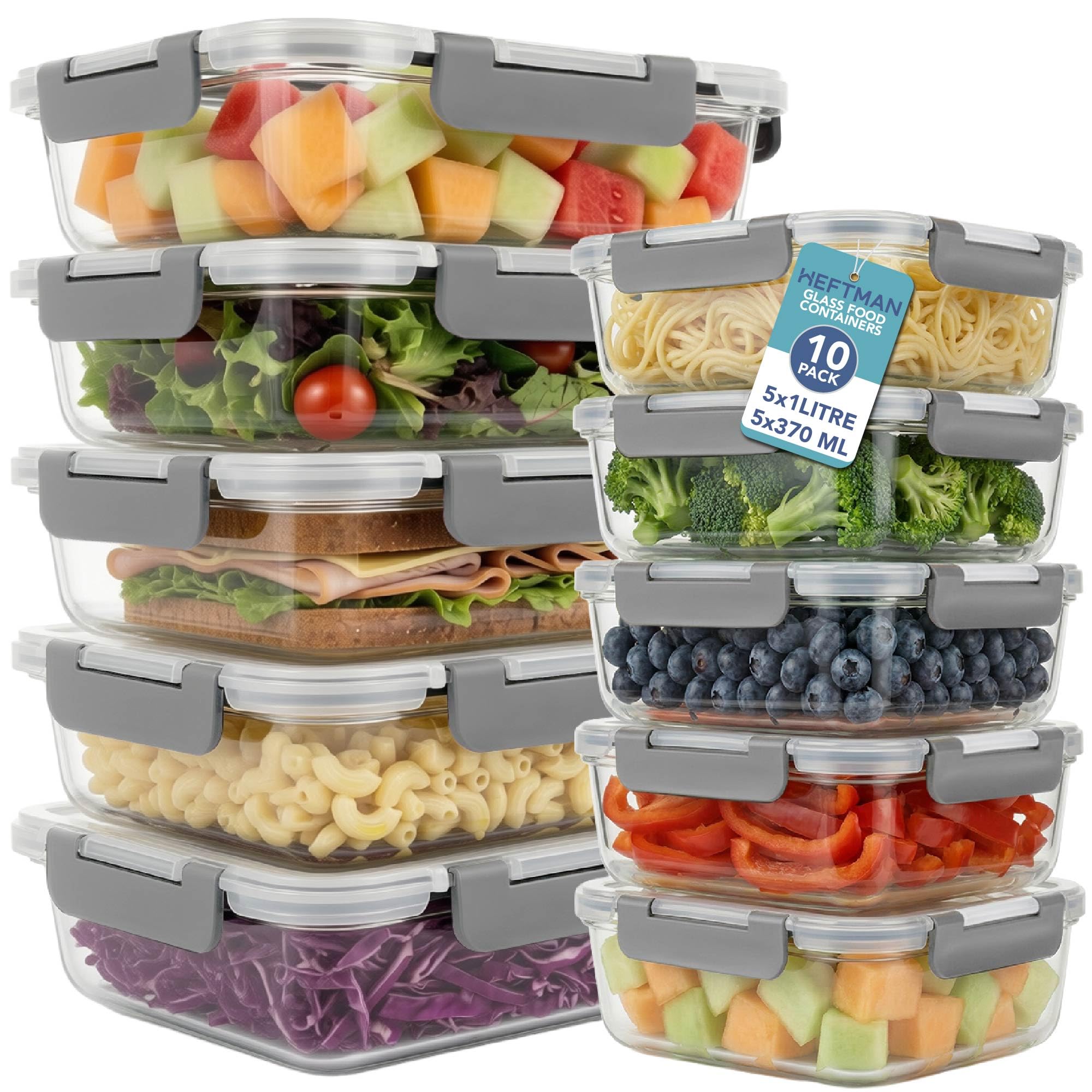 HEFTMAN Recipientes de vidrio para alimentos con tapas, paquete de 10, 1L y 370 ml, recipiente hermético para almacenamiento de alimentos, apto para microondas, congelador y lavavajillas