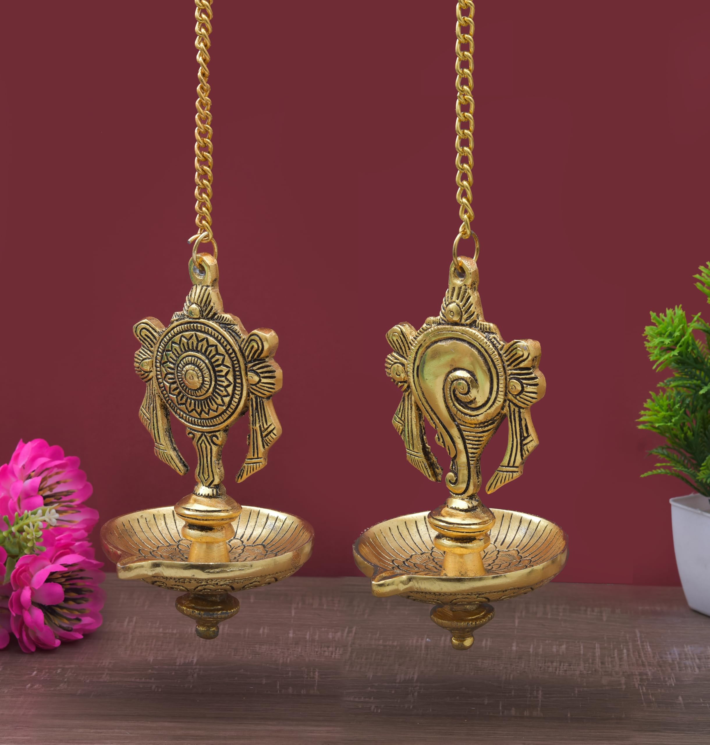 Handicraft Shanku Chakra kuber Hanging Diya Diwali Decoration Item for Home Decor - shanku Chakra kuber Diya for puja Room & Office Decor, Living Room, Diwali Festival Gift Item (Gold)-image-12