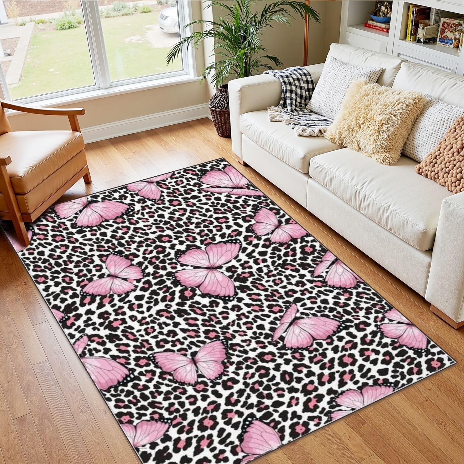 4x5 Pink Boho Rug Rugs for Living Room Rugs for Entryway Pink Butterfly Leopard Design Seamless Repeat Fashion etc Bedroom Rug Door Mat Nursery Room Decor Rainbow Carpet